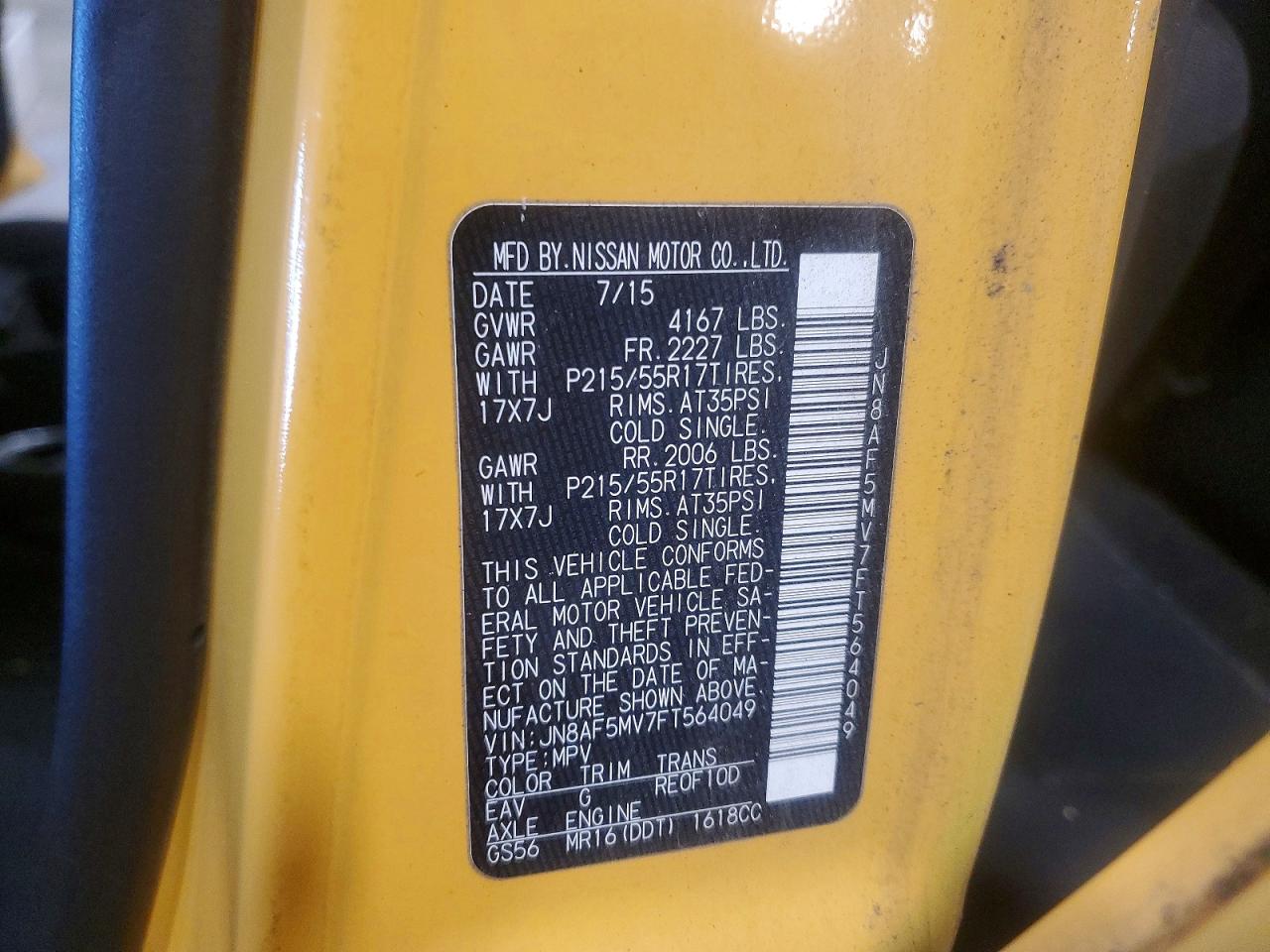 2015 Nissan Juke Sv Yellow vin: JN8AF5MV7FT564049