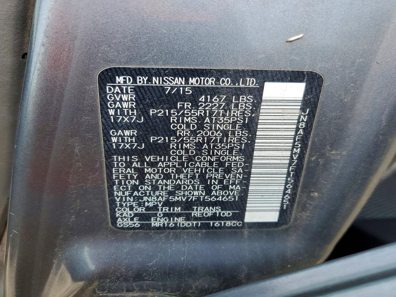 2015 Nissan Juke S Gray vin: JN8AF5MV7FT564651