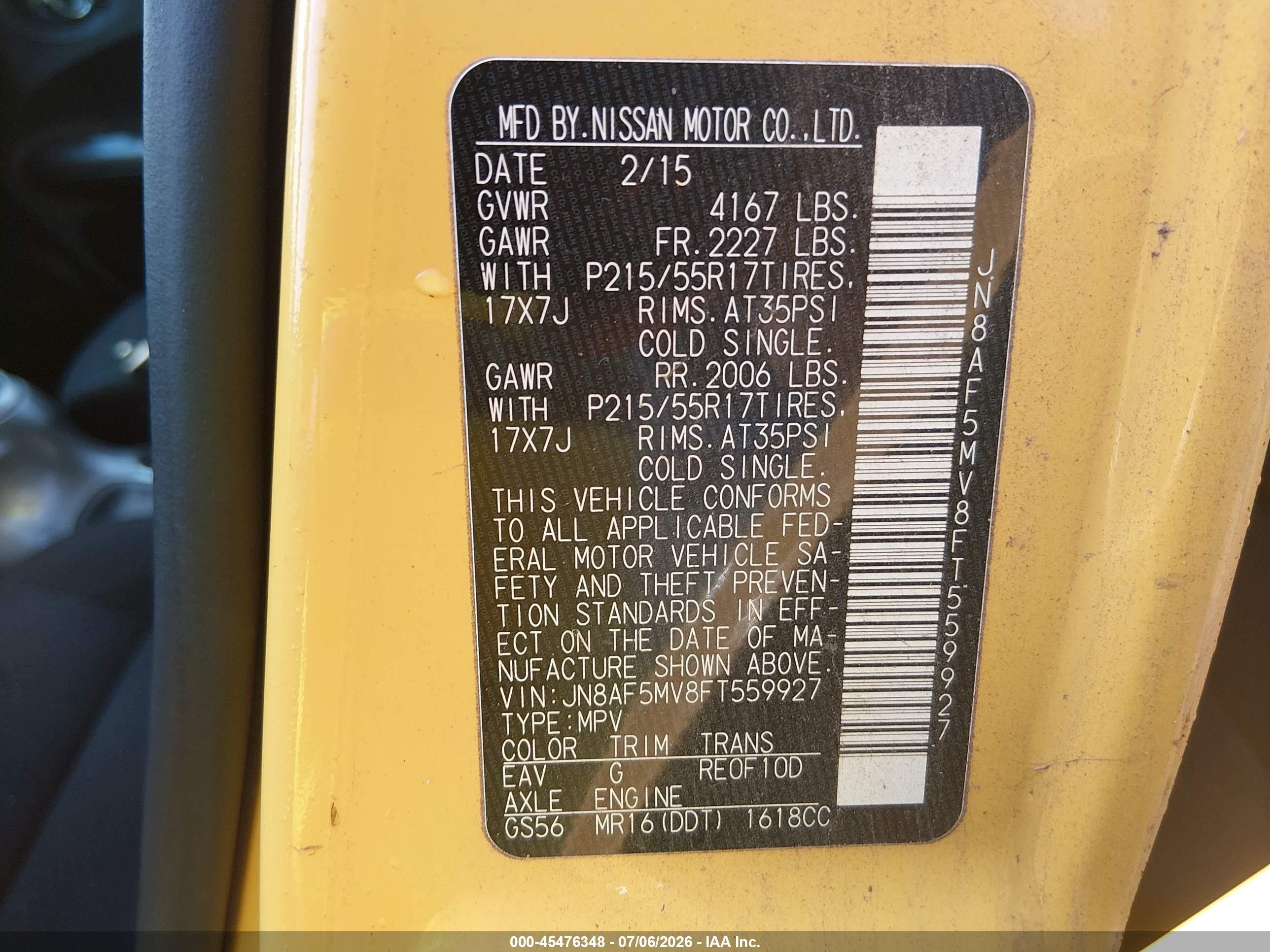 2015 Nissan Juke Sv Yellow vin: JN8AF5MV8FT559927