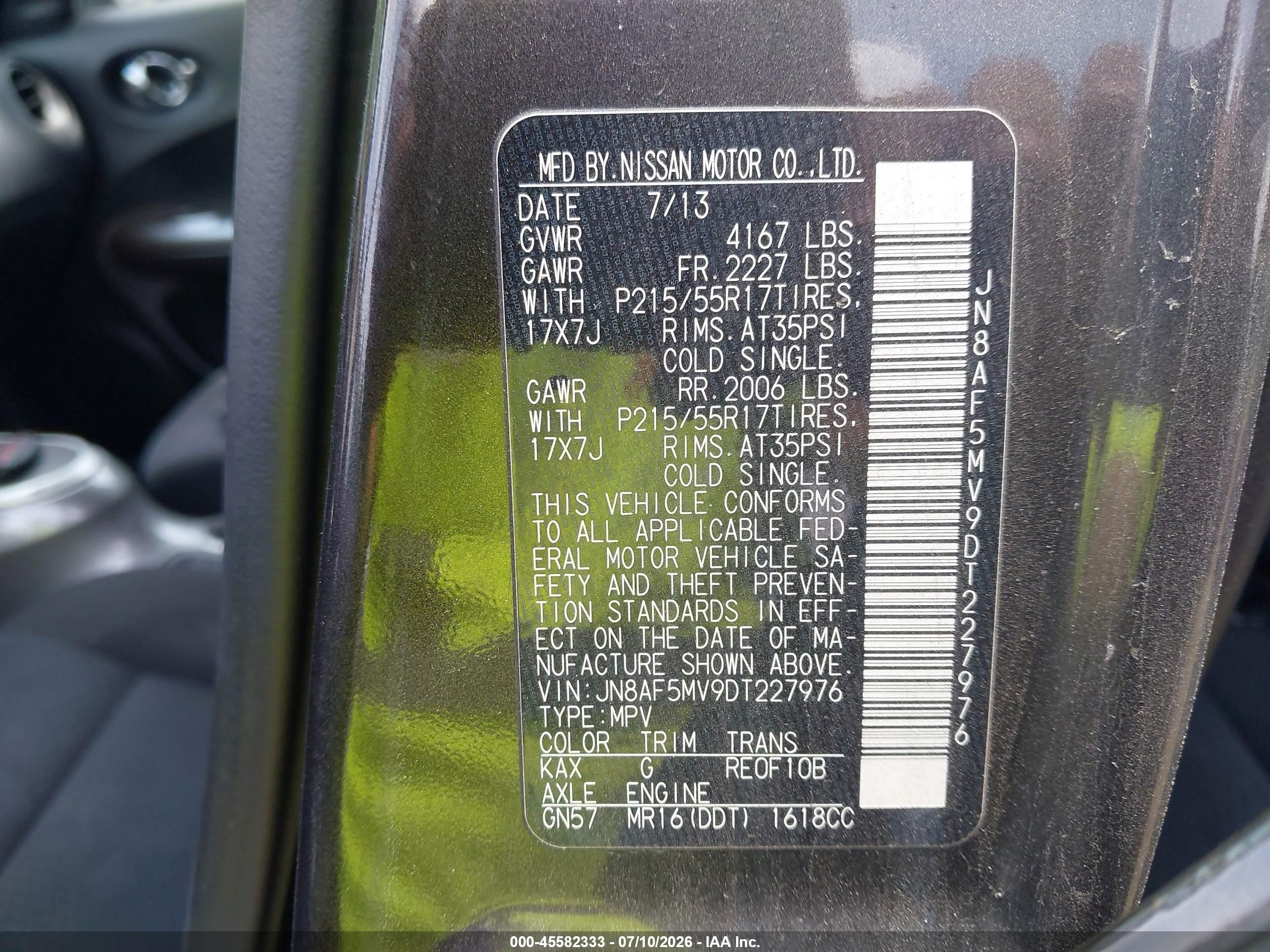 2013 Nissan Juke Sv Black vin: JN8AF5MV9DT227976