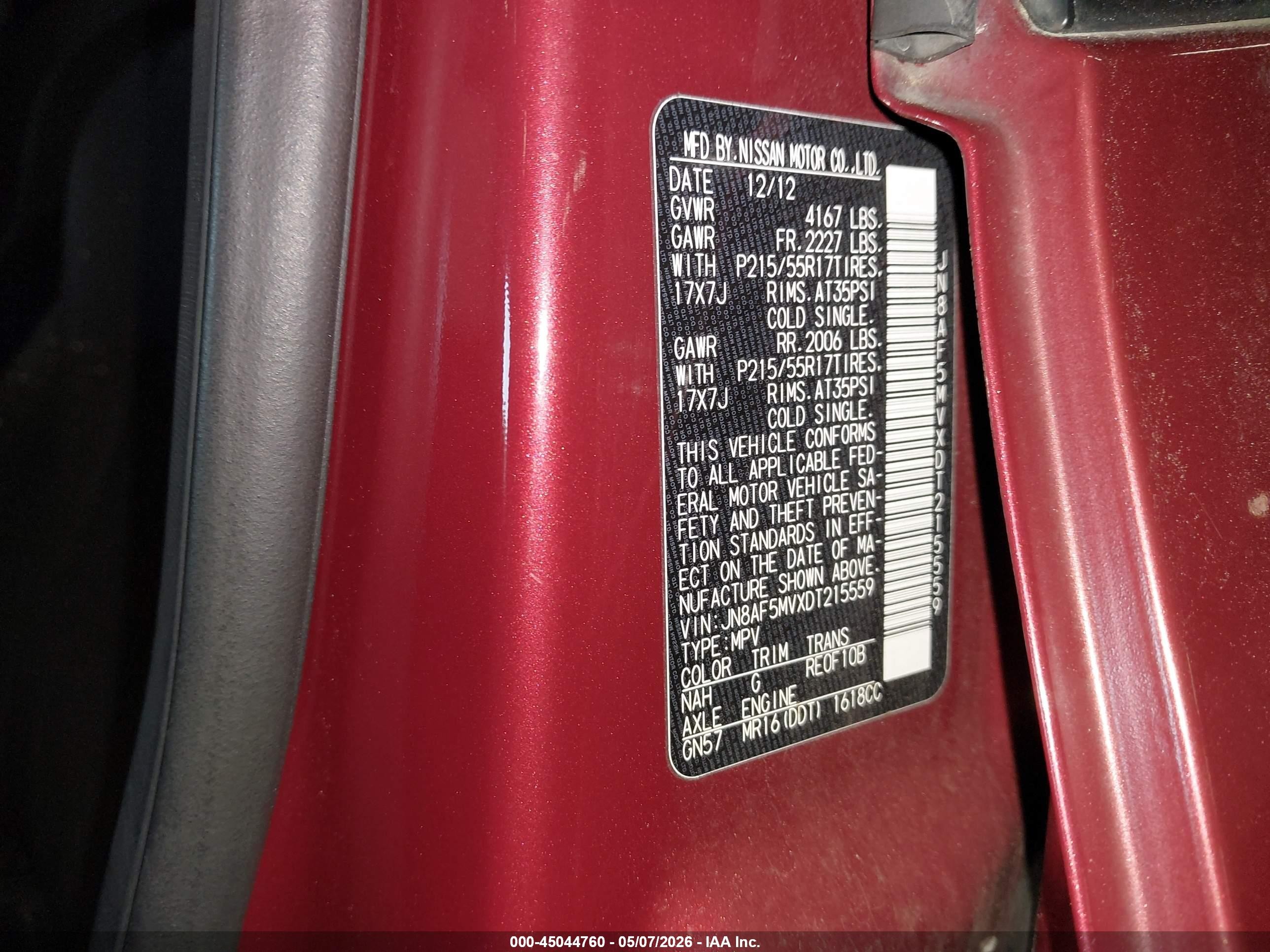 2013 Nissan Juke Sv Burgundy vin: JN8AF5MVXDT215559