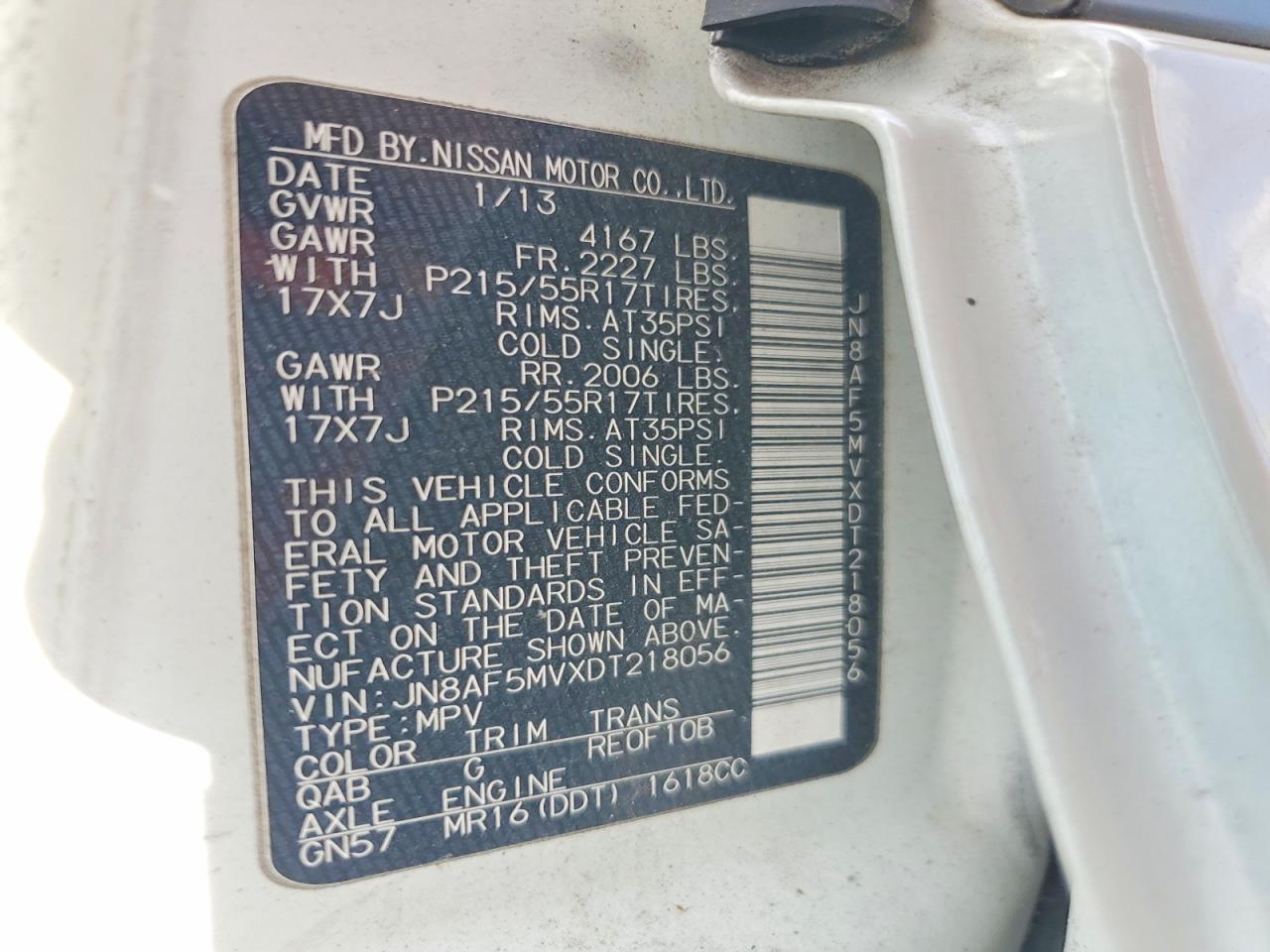 2013 Nissan Juke S Белый vin: JN8AF5MVXDT218056