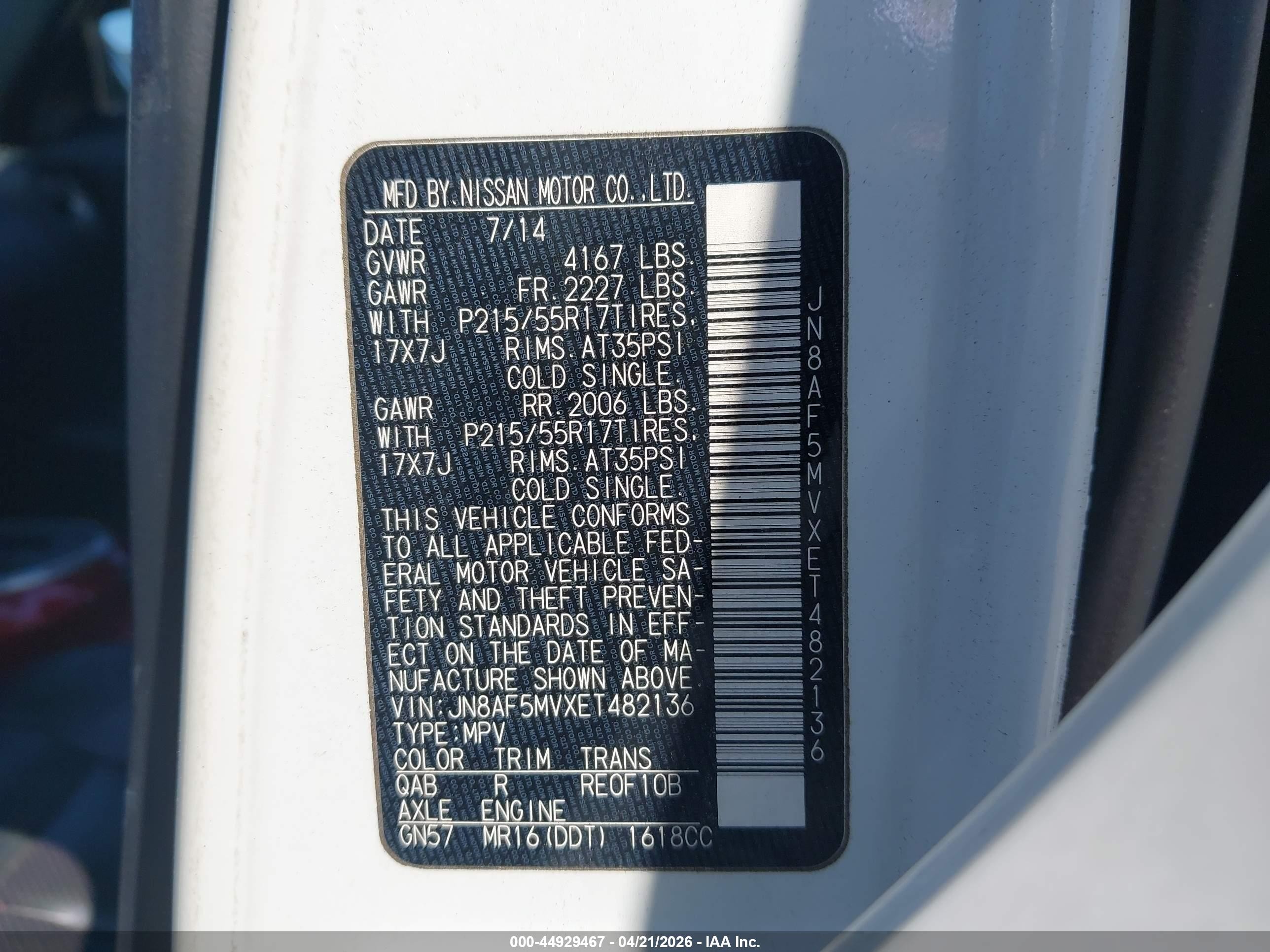 2014 Nissan Juke Sl White vin: JN8AF5MVXET482136