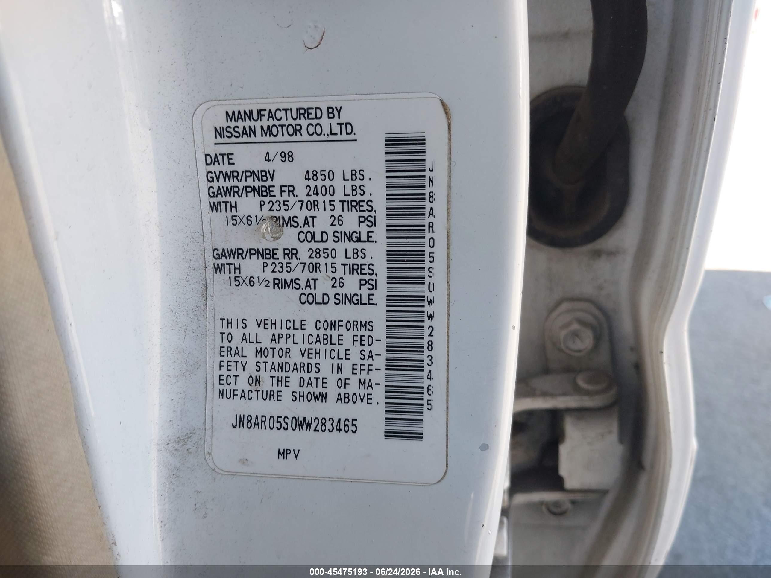 1998 Nissan Pathfinder Le/xe White vin: JN8AR05S0WW283465