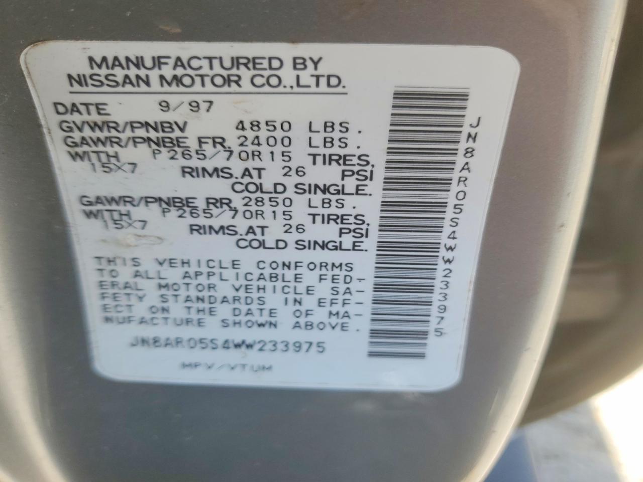 1998 Nissan Pathfinder Xe Silver vin: JN8AR05S4WW233975