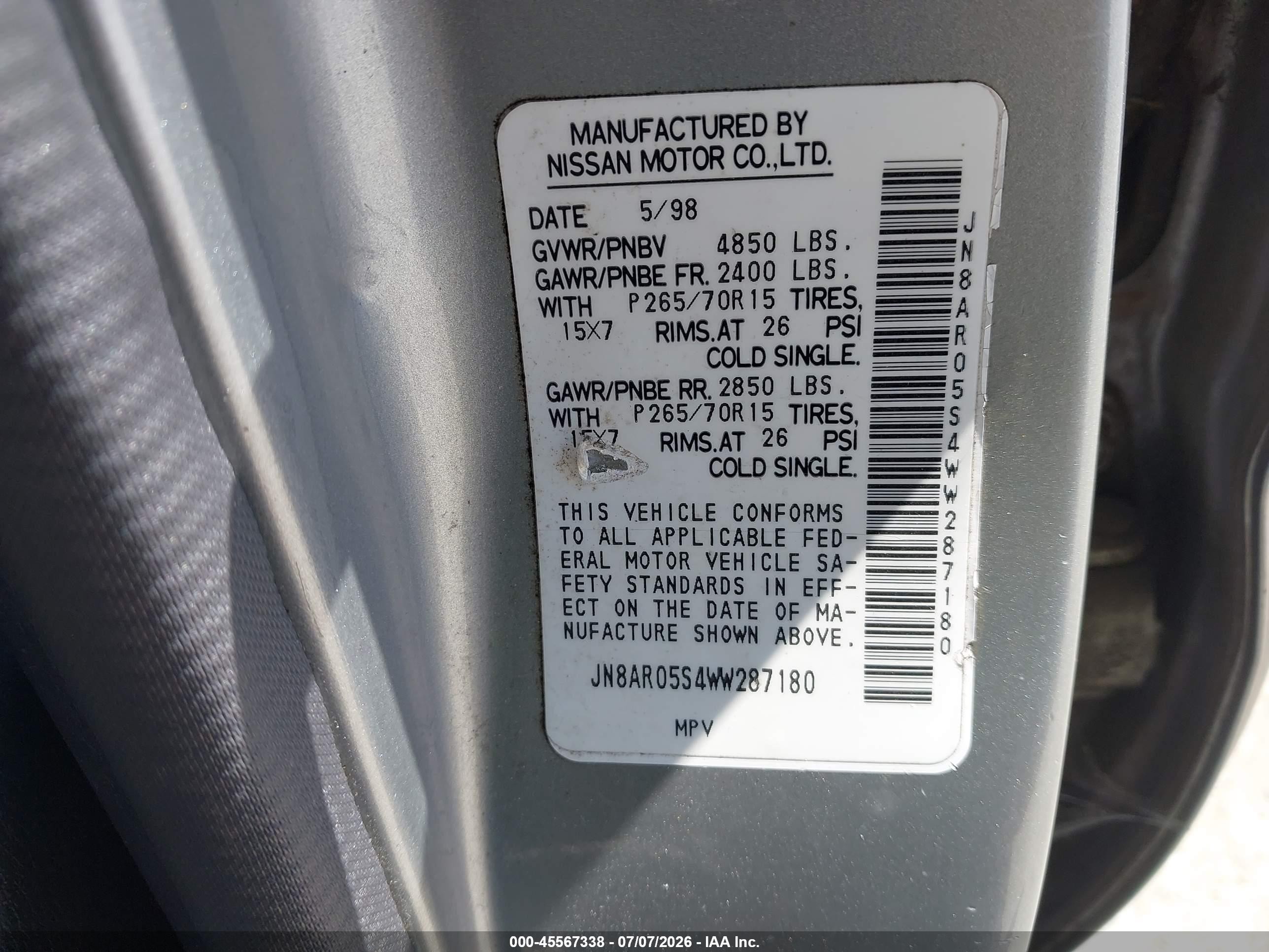 1998 Nissan Pathfinder Le/xe Gray vin: JN8AR05S4WW287180