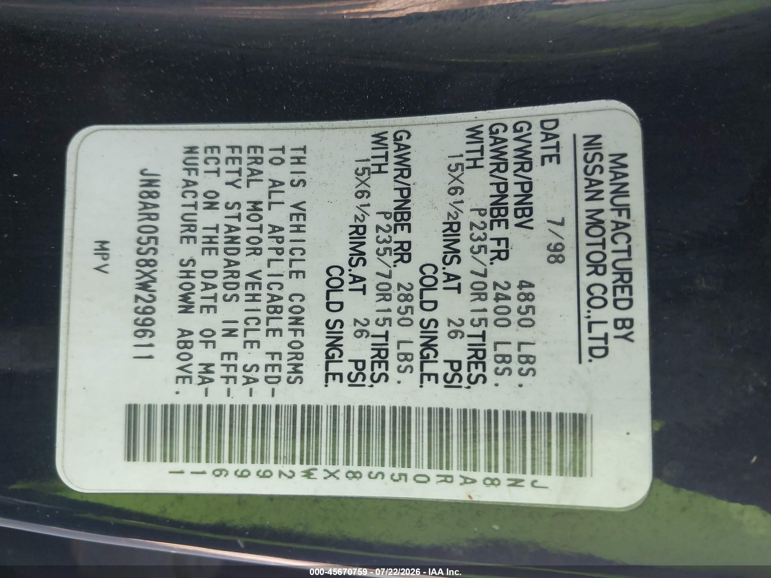 1999 Nissan Pathfinder Le/se/xe Black vin: JN8AR05S8XW299611