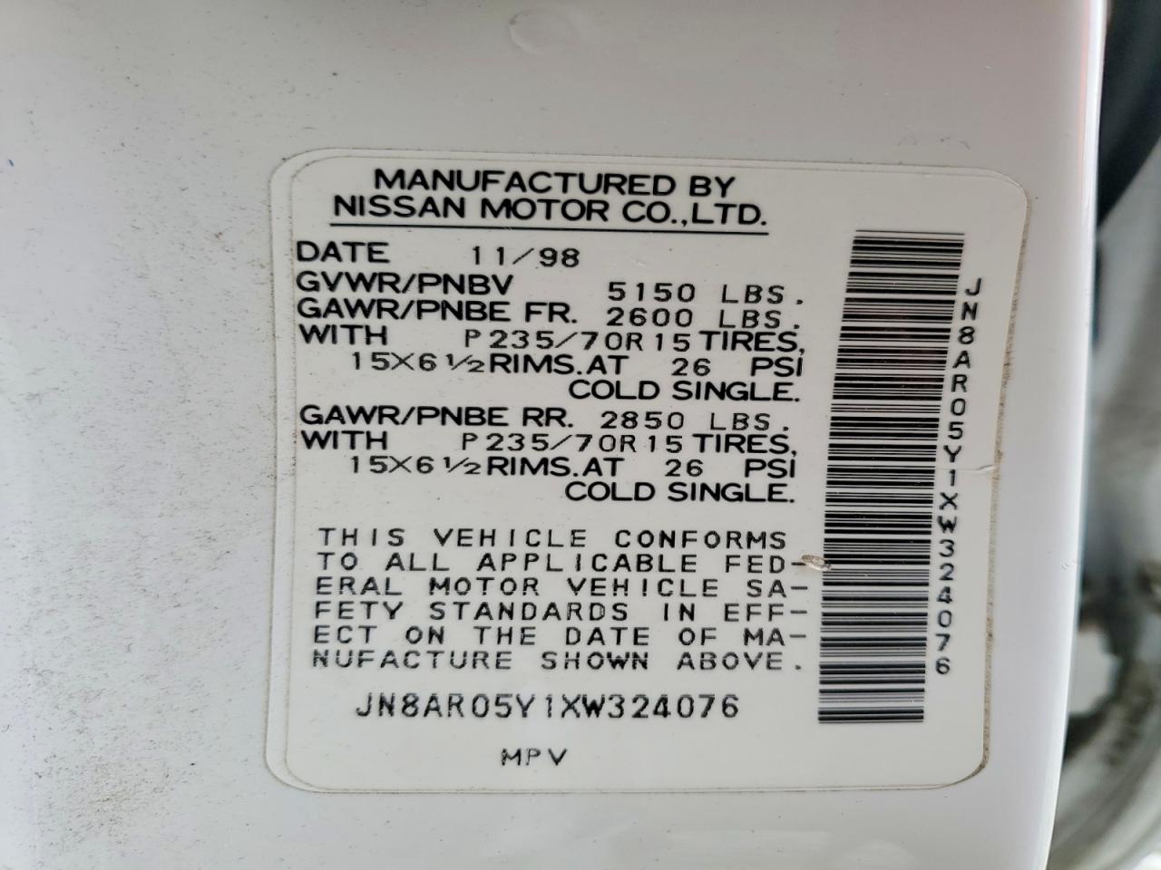 1999 Nissan Pathfinder Xe White vin: JN8AR05Y1XW324076
