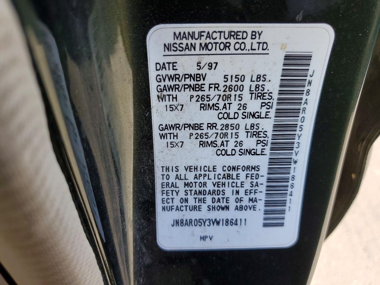 1997 Nissan Pathfinder Xe Green vin: JN8AR05Y3VW186411