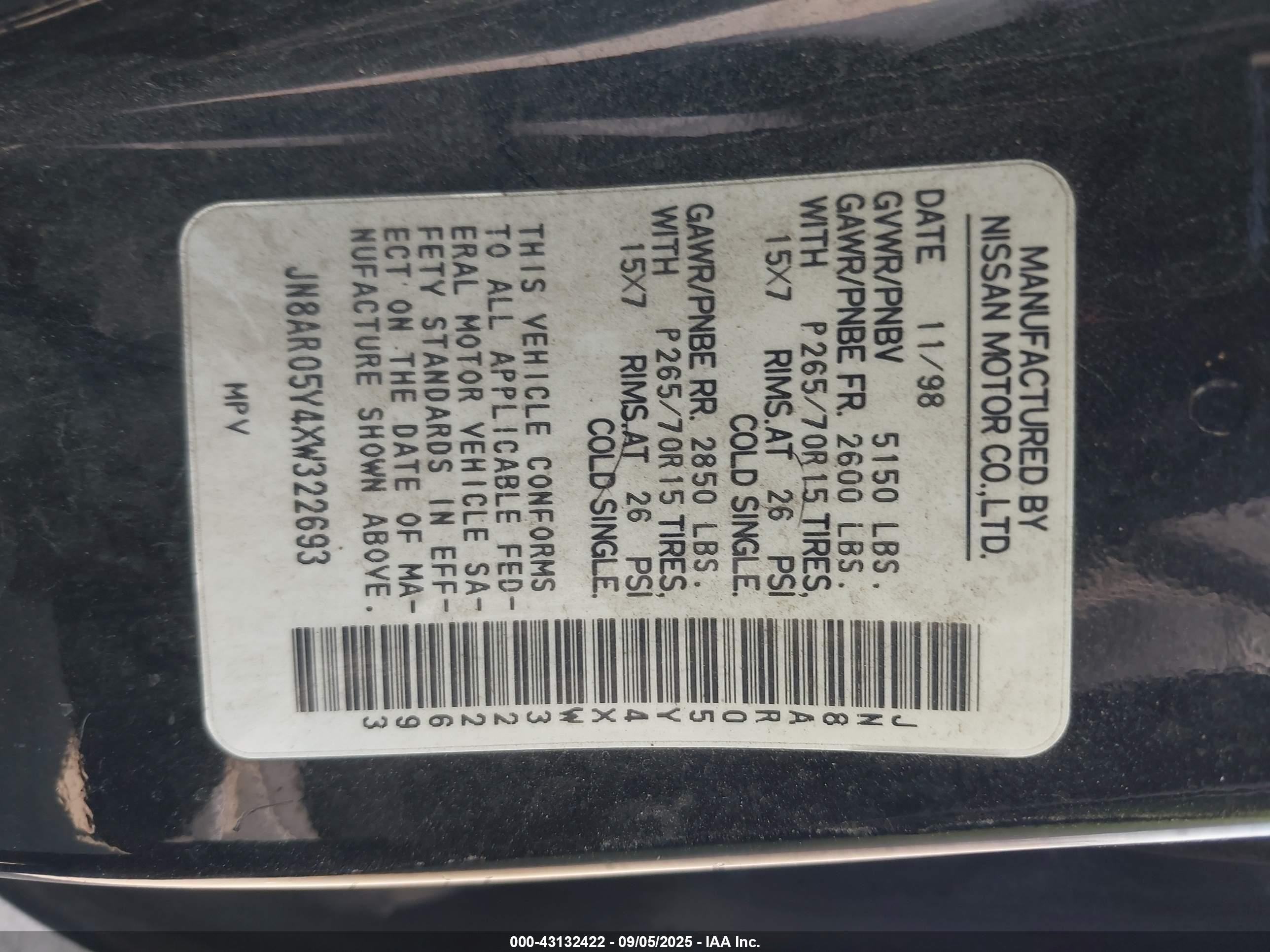 1999 Nissan Pathfinder Le/se/xe Black vin: JN8AR05Y4XW322693