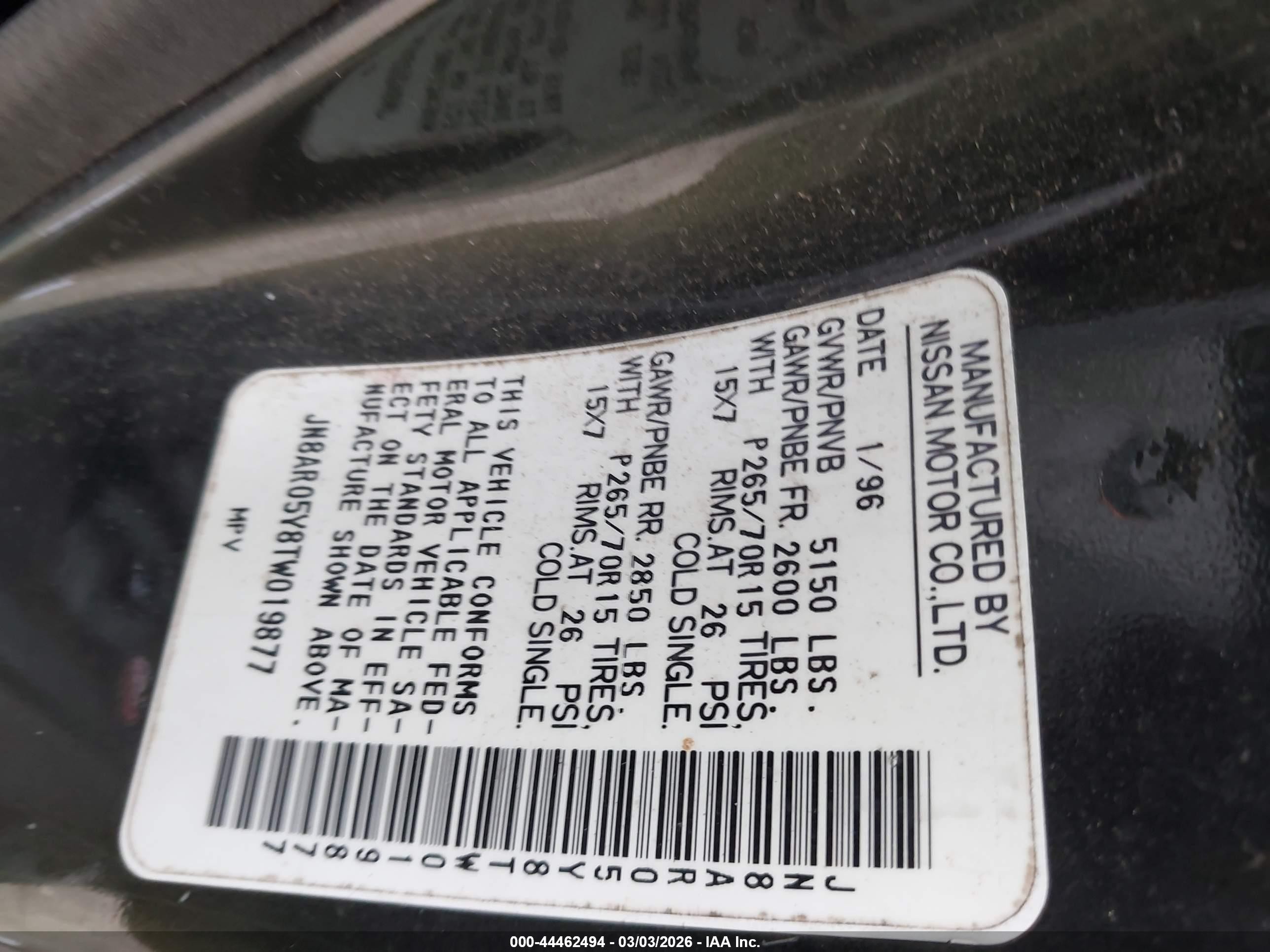 1996 Nissan Pathfinder Le/se/xe Green vin: JN8AR05Y8TW019877