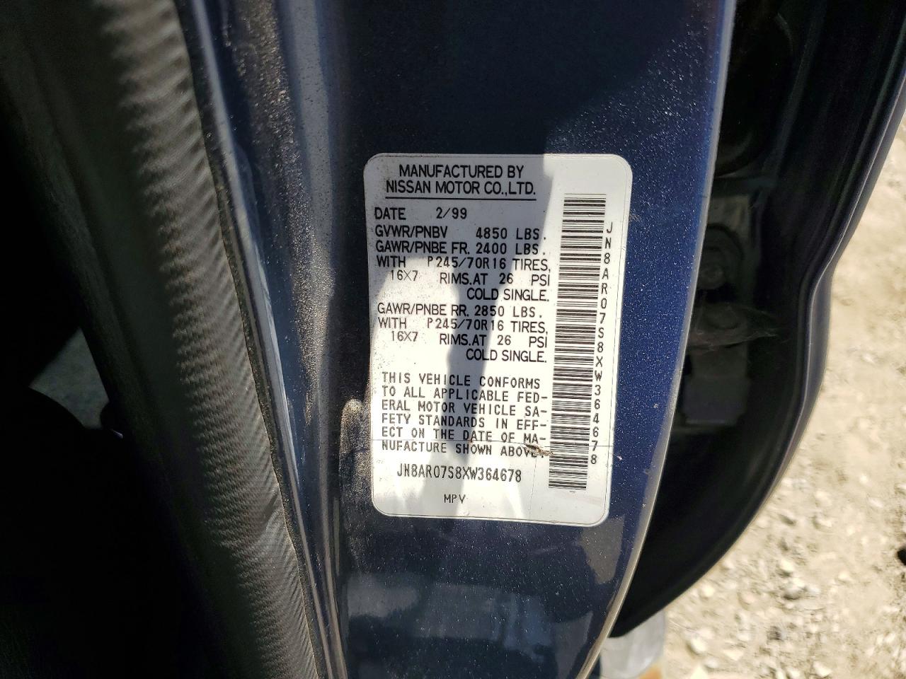 1999 Nissan Pathfinder Xe Blue vin: JN8AR07S8XW364678