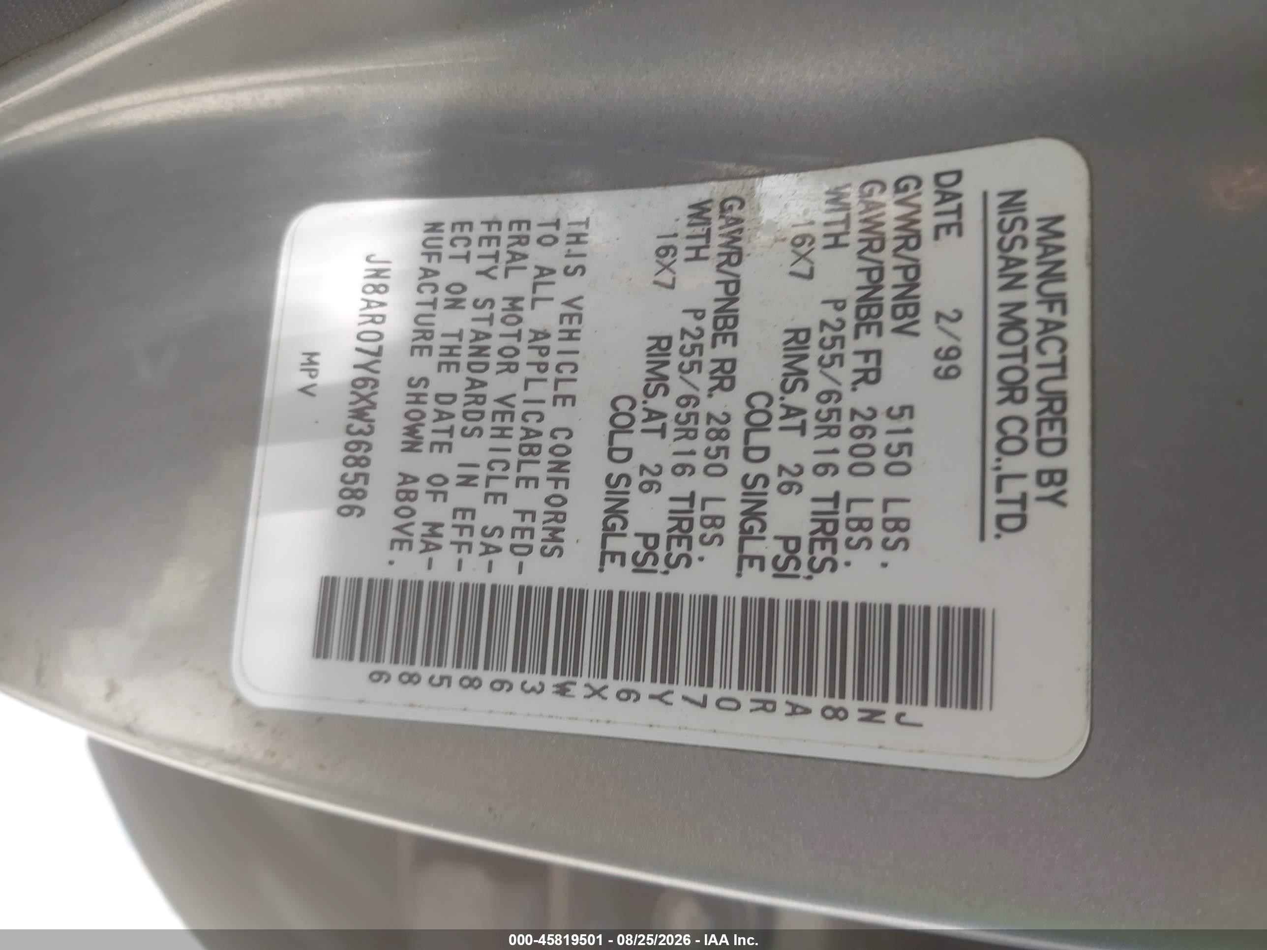 1999 Nissan Pathfinder Le/se/xe Silver vin: JN8AR07Y6XW368586