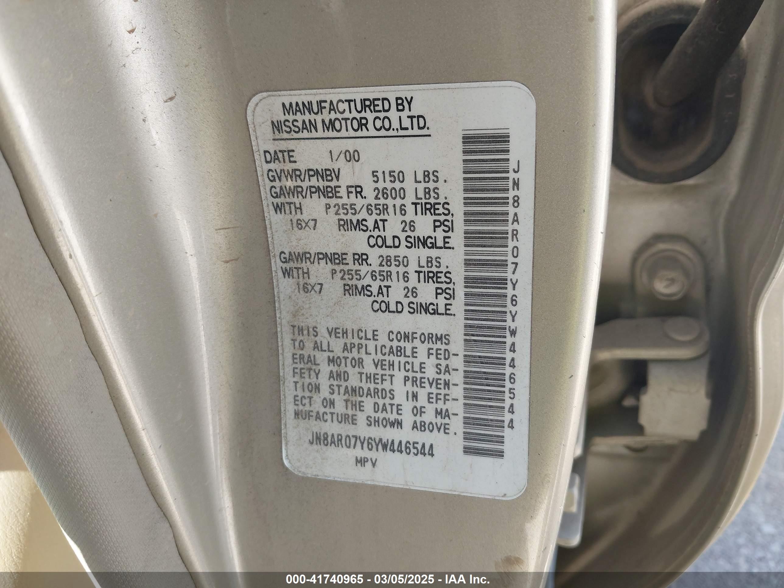 2000 Nissan Pathfinder Le/se/xe Beige vin: JN8AR07Y6YW446544