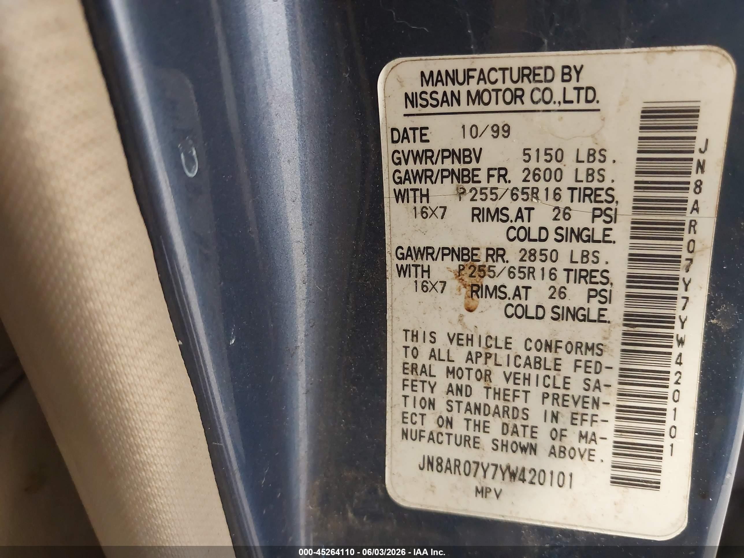 2000 Nissan Pathfinder Le/se/xe Синий vin: JN8AR07Y7YW420101