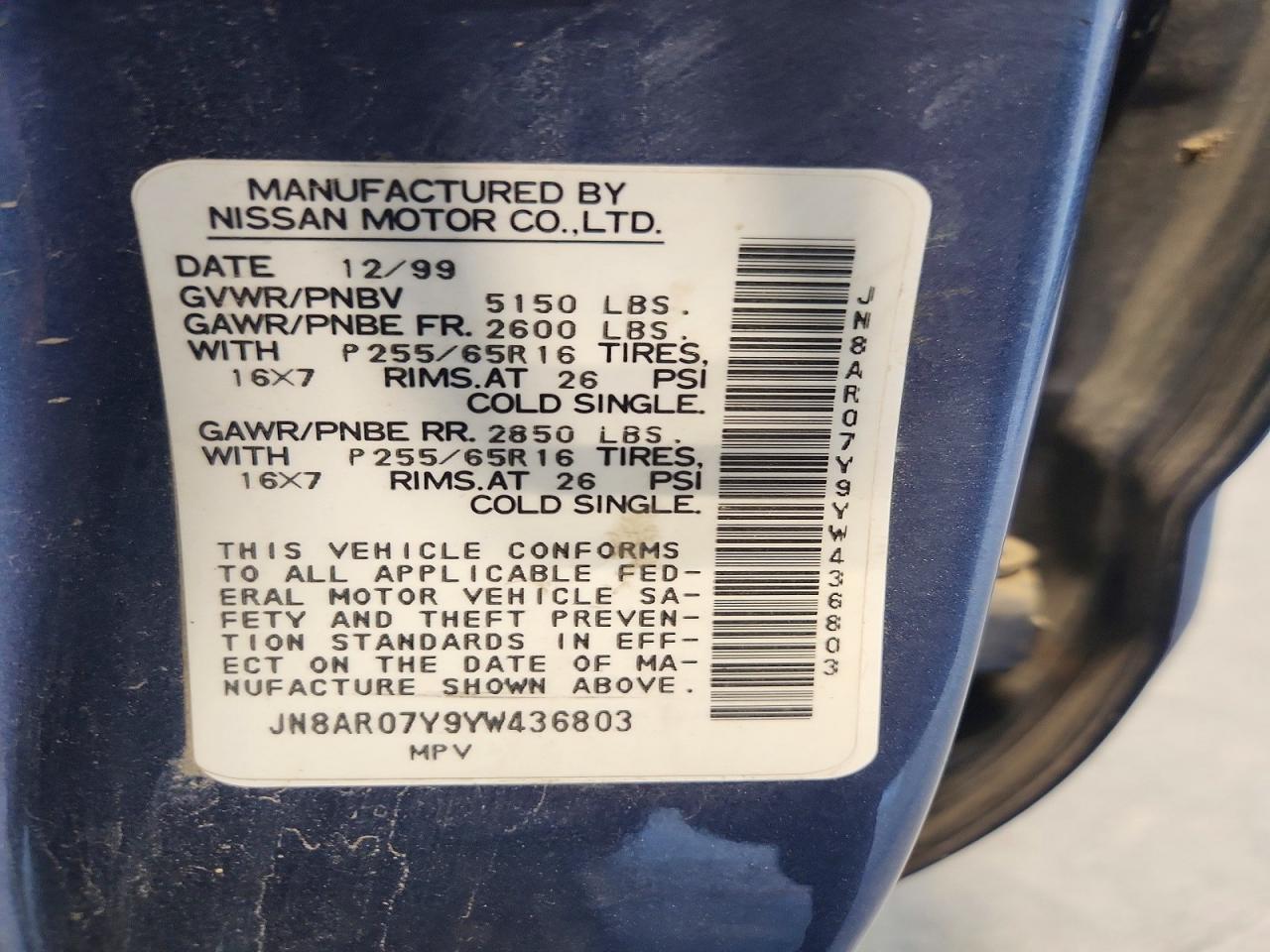 2000 Nissan Pathfinder Xe Blue vin: JN8AR07Y9YW436803