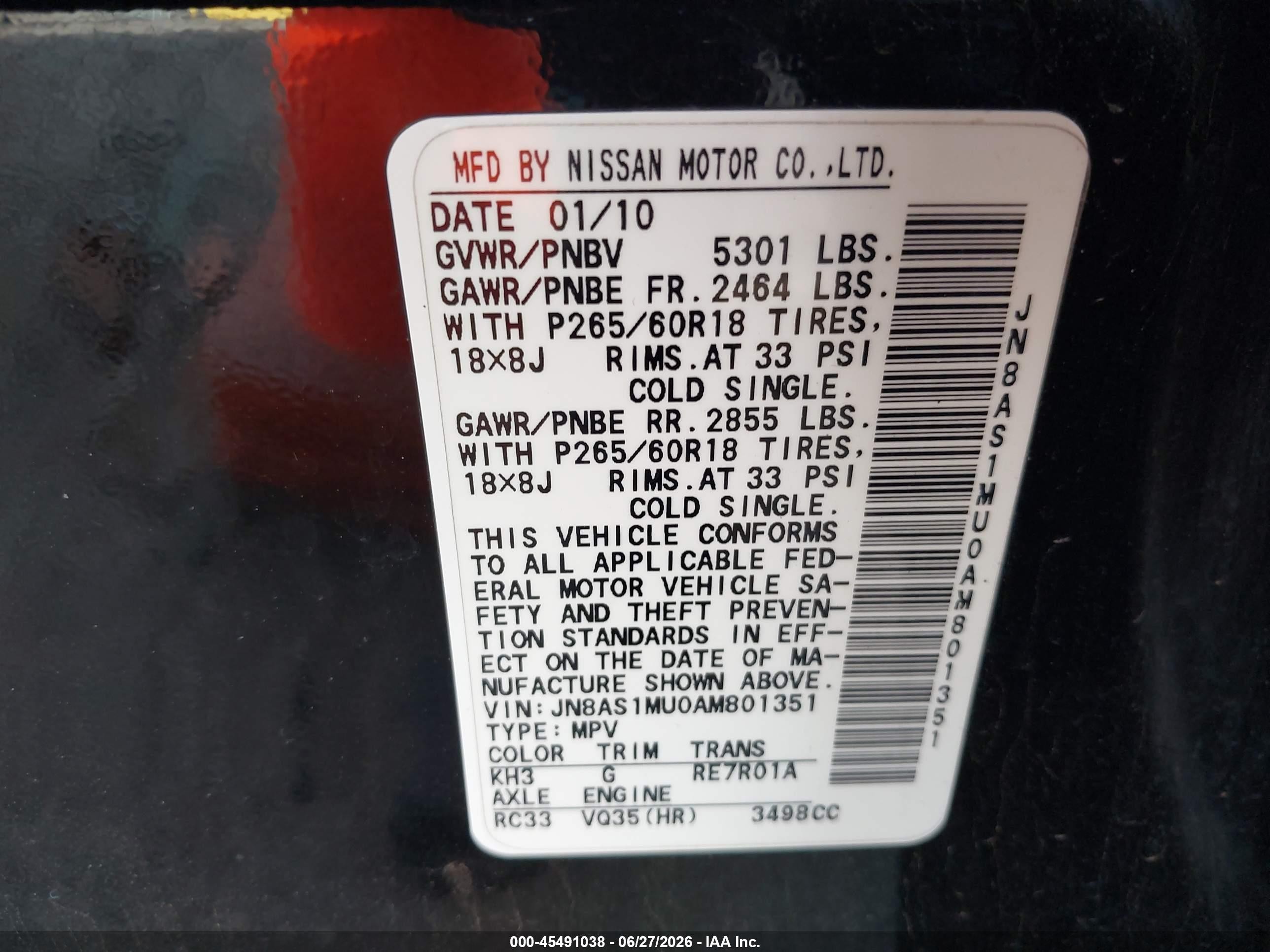 2010 Infiniti Fx35   Black vin: JN8AS1MU0AM801351