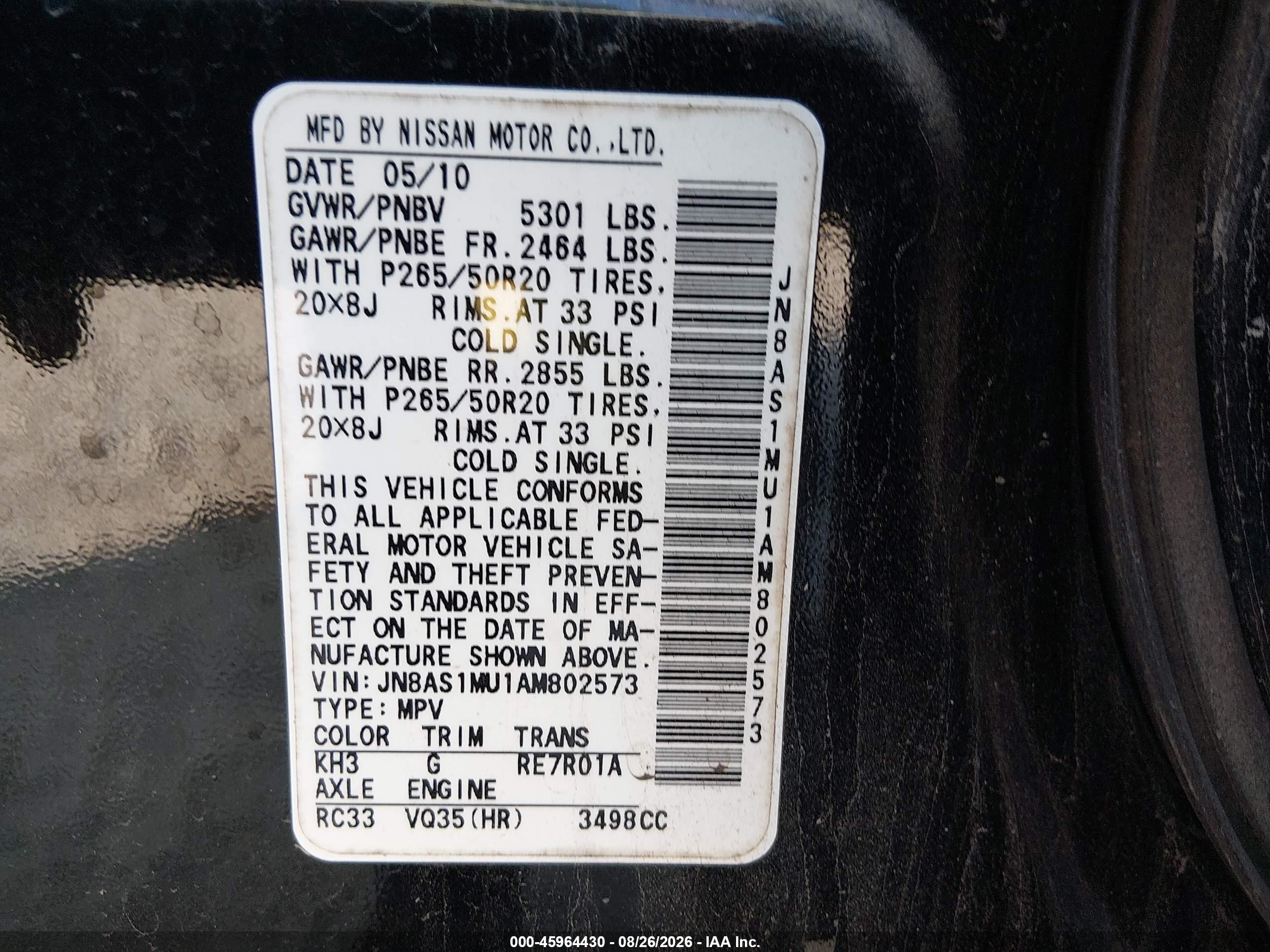 2010 Infiniti Fx35   Черный vin: JN8AS1MU1AM802573