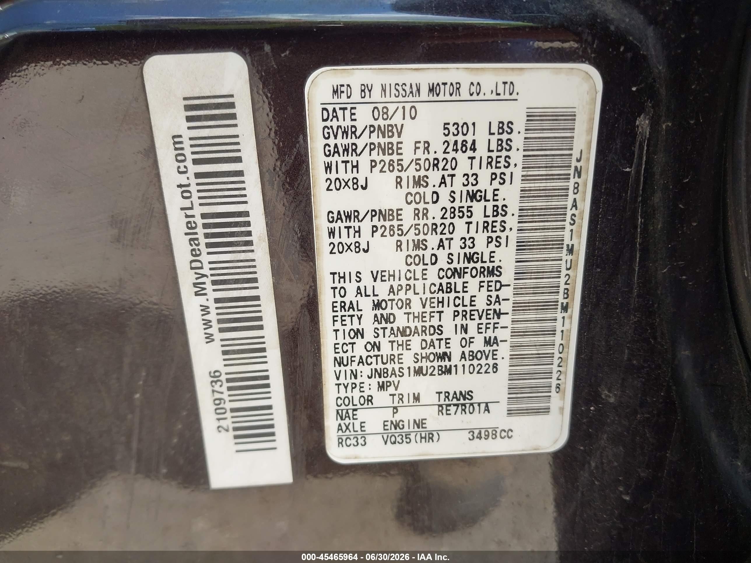 2011 Infiniti Fx35   Purple vin: JN8AS1MU2BM110226