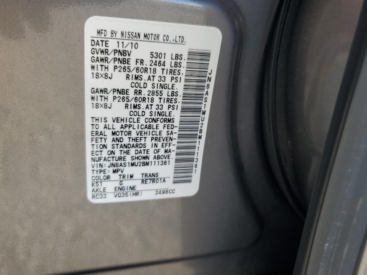 2011 Infiniti Fx35 Base Gray vin: JN8AS1MU2BM111361