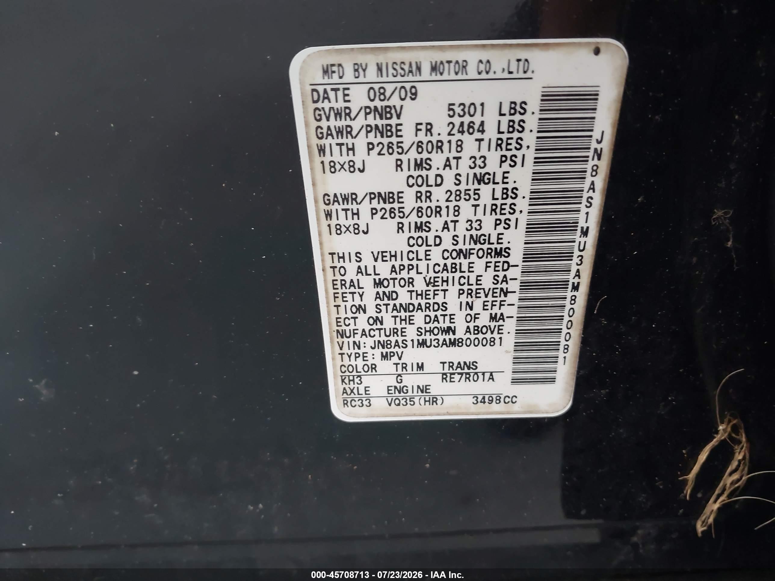 2010 Infiniti Fx35   Black vin: JN8AS1MU3AM800081