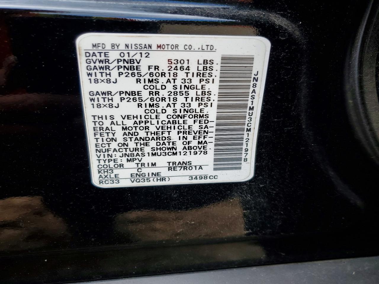 2012 Infiniti Fx35 Base Black vin: JN8AS1MU3CM121978