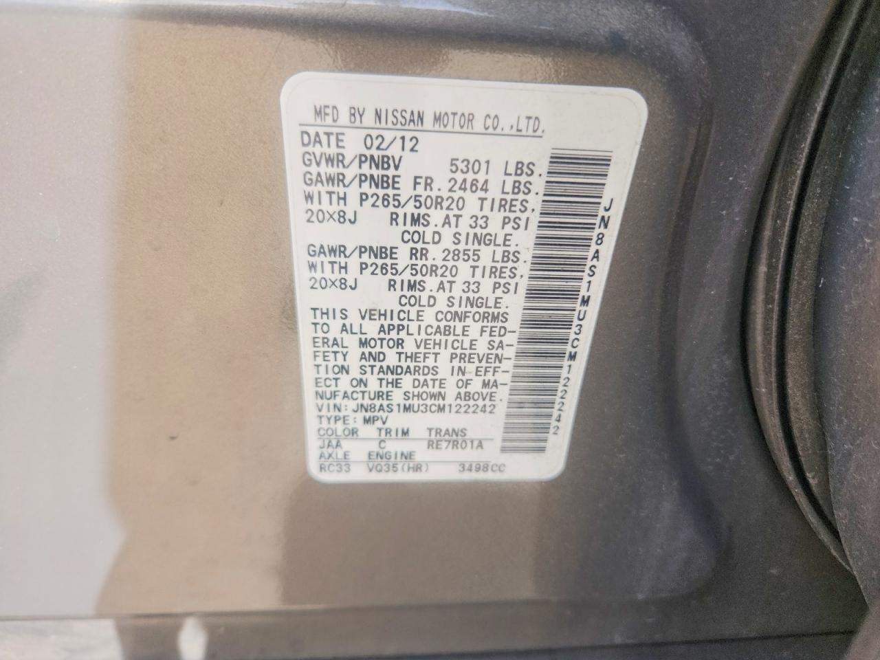 2012 Infiniti Fx35 Base Gray vin: JN8AS1MU3CM122242