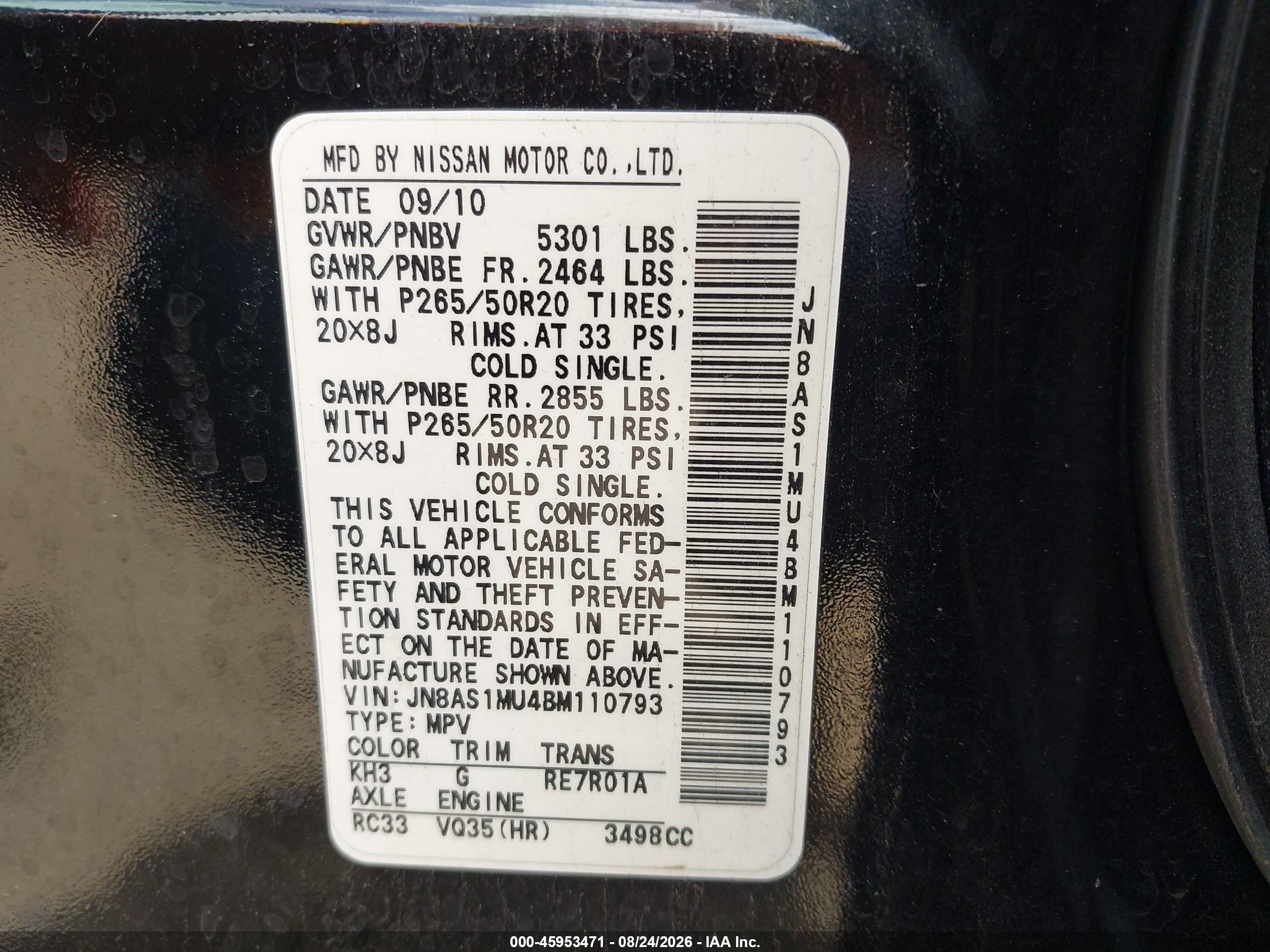 2011 Infiniti Fx35   Black vin: JN8AS1MU4BM110793