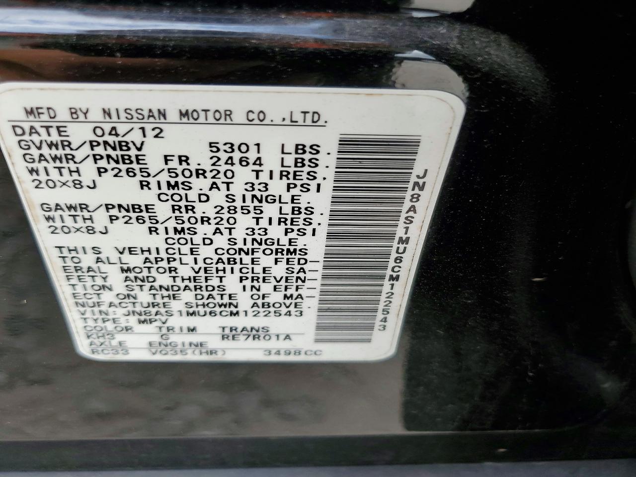 2012 Infiniti Fx35 Base Black vin: JN8AS1MU6CM122543