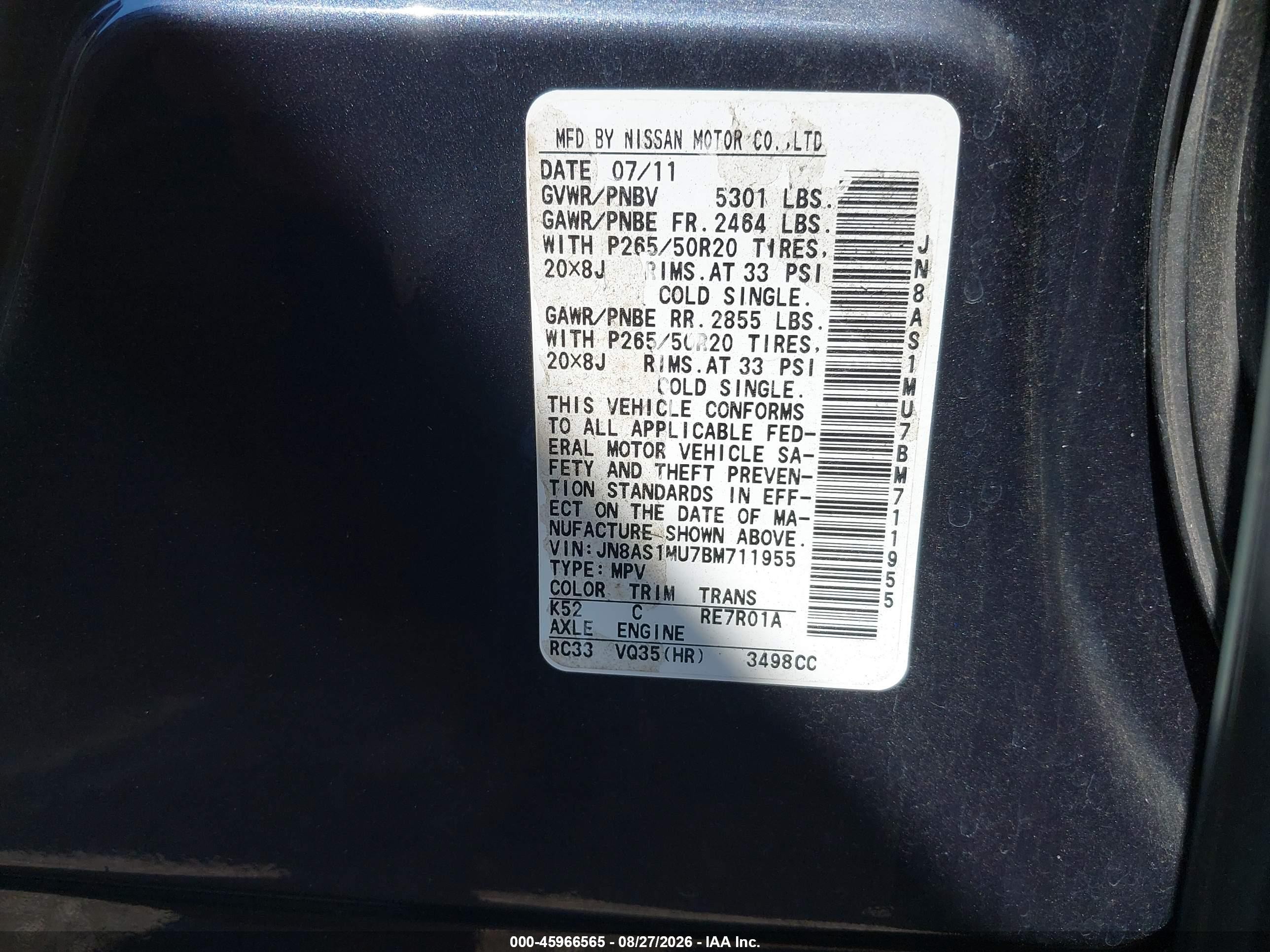 2011 Infiniti Fx35   Dark Blue vin: JN8AS1MU7BM711955