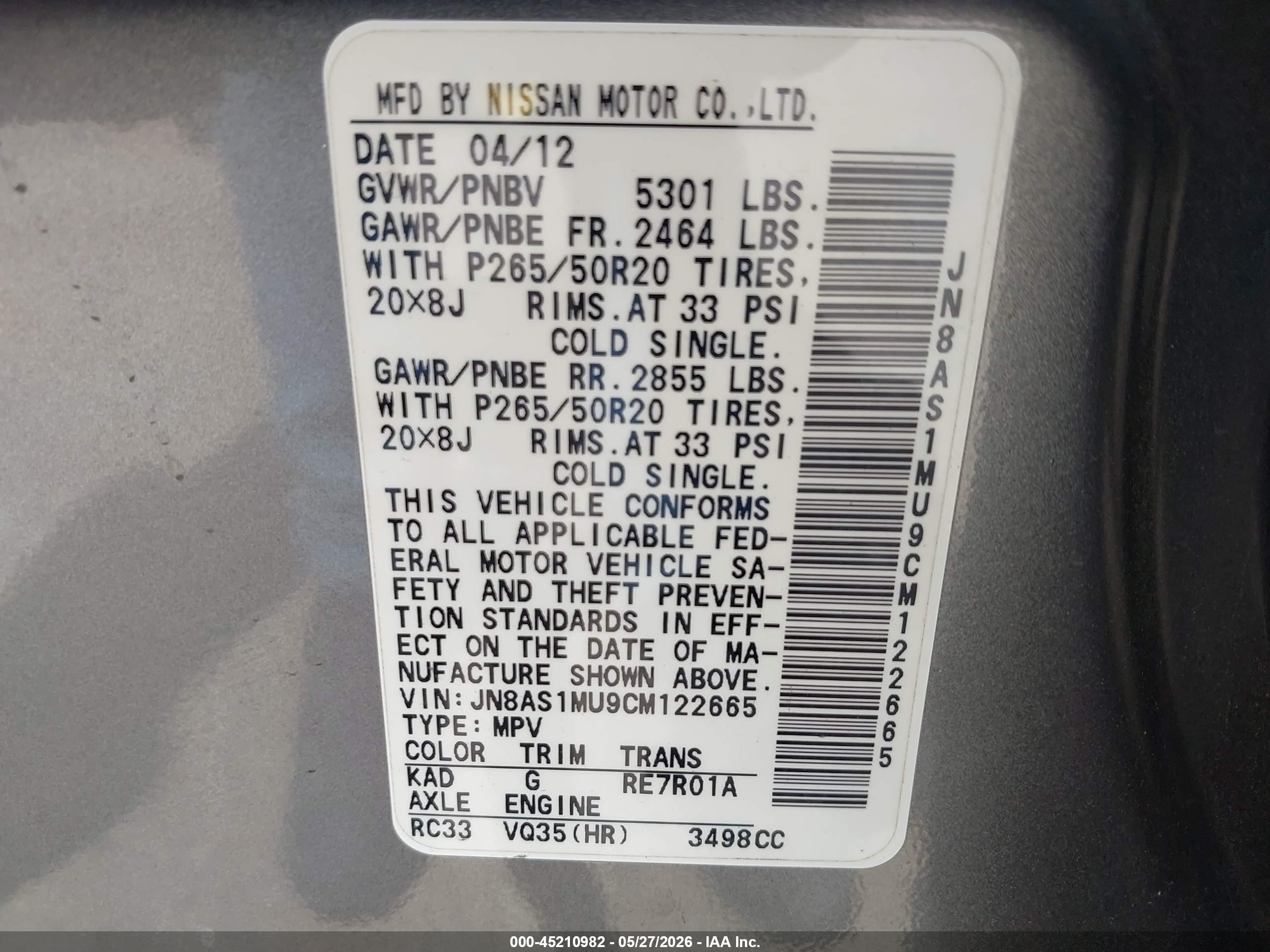 2012 Infiniti Fx35   Gray vin: JN8AS1MU9CM122665