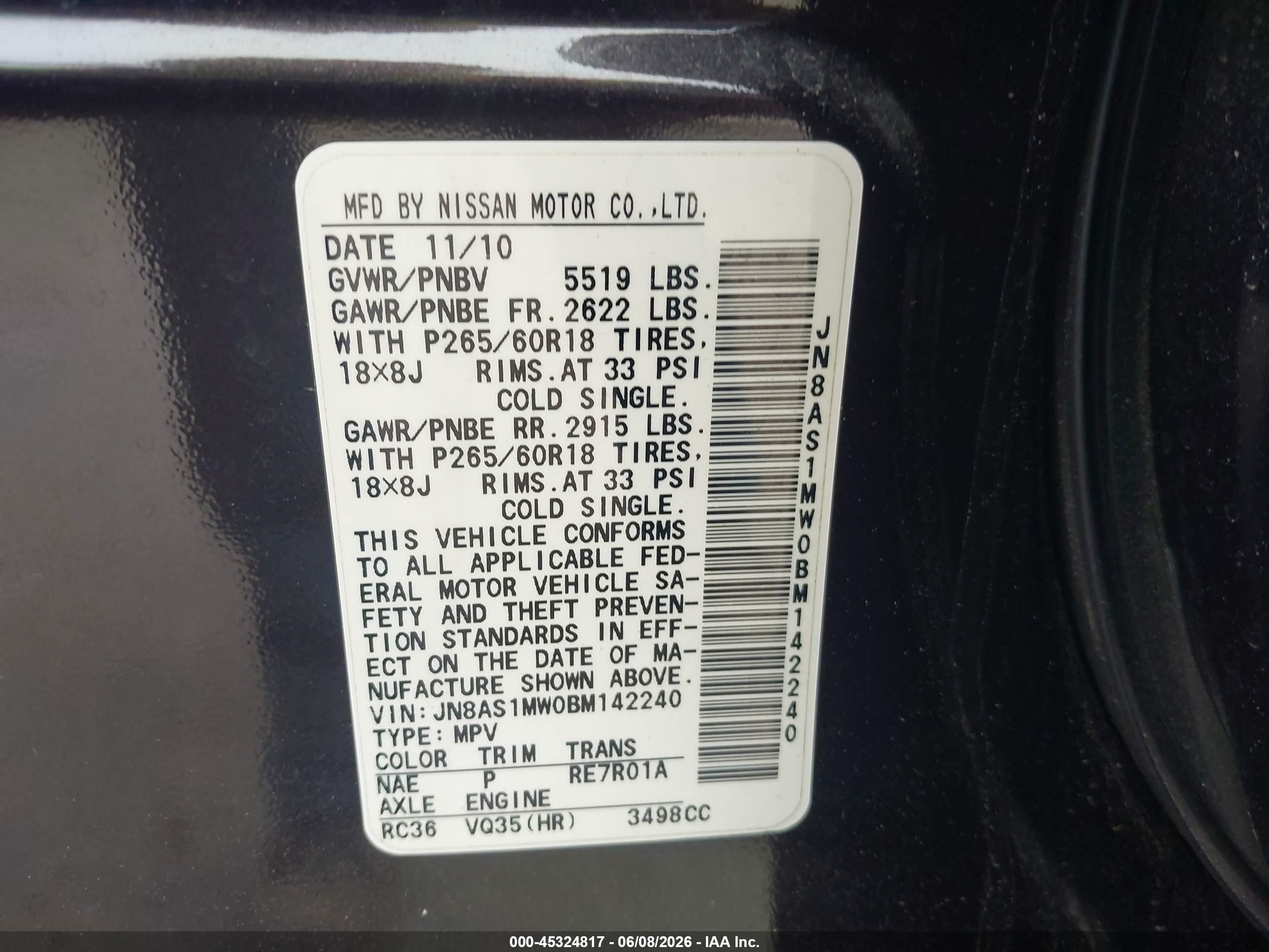 2011 Infiniti Fx35   Black vin: JN8AS1MW0BM142240