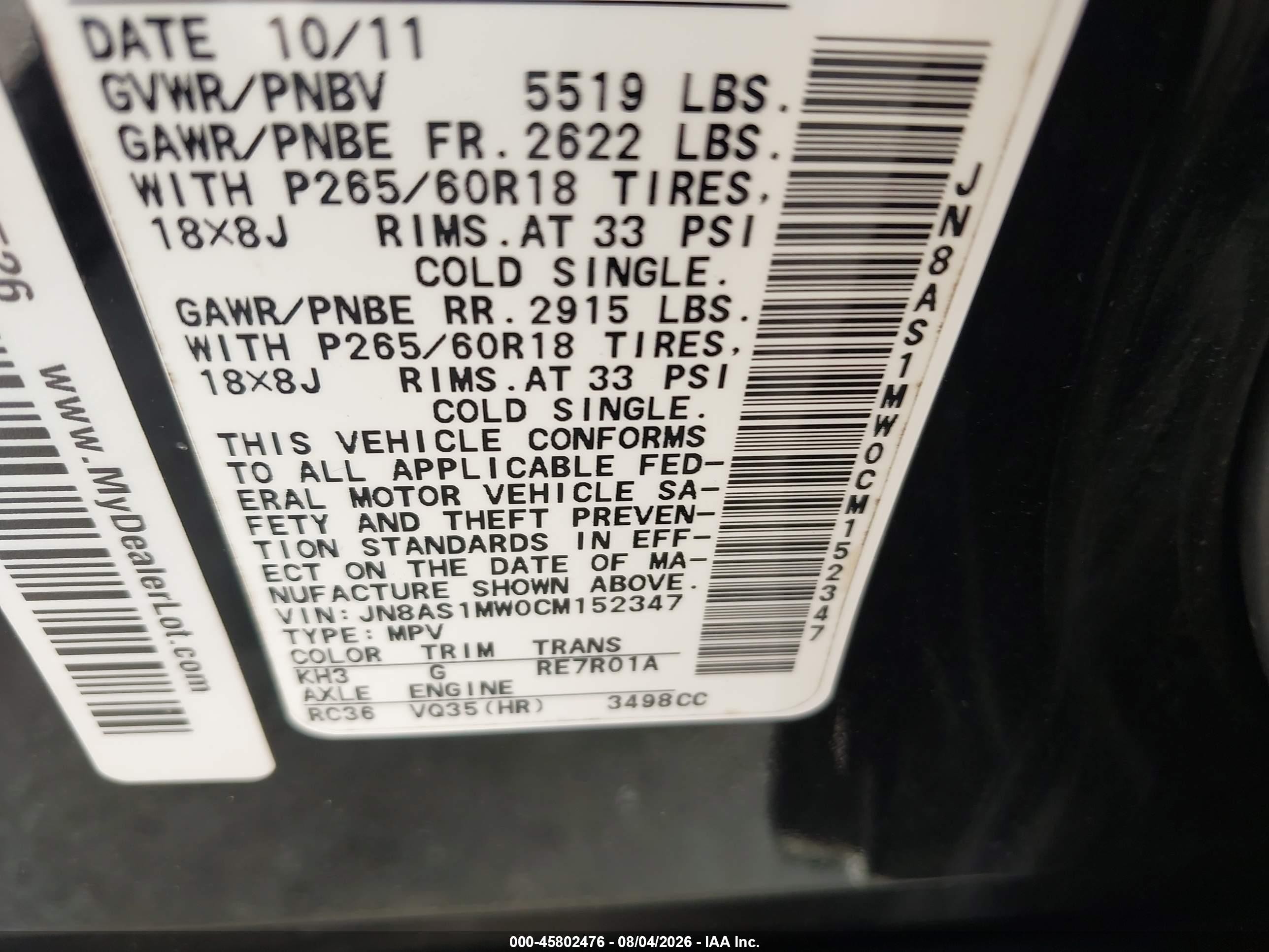 2012 Infiniti Fx35   Black vin: JN8AS1MW0CM152347