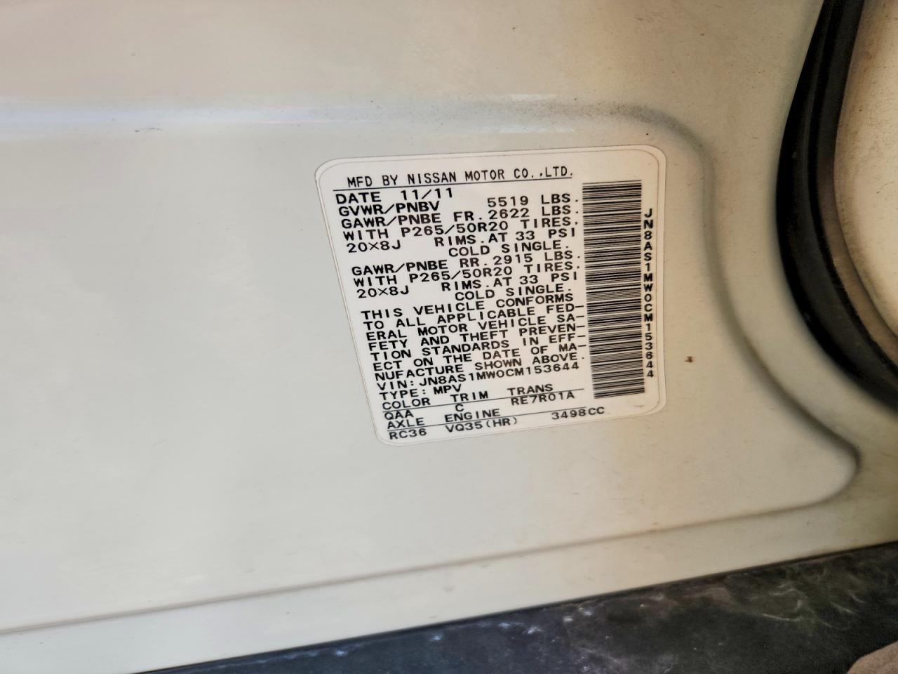 2012 Infiniti Fx35 Base White vin: JN8AS1MW0CM153644