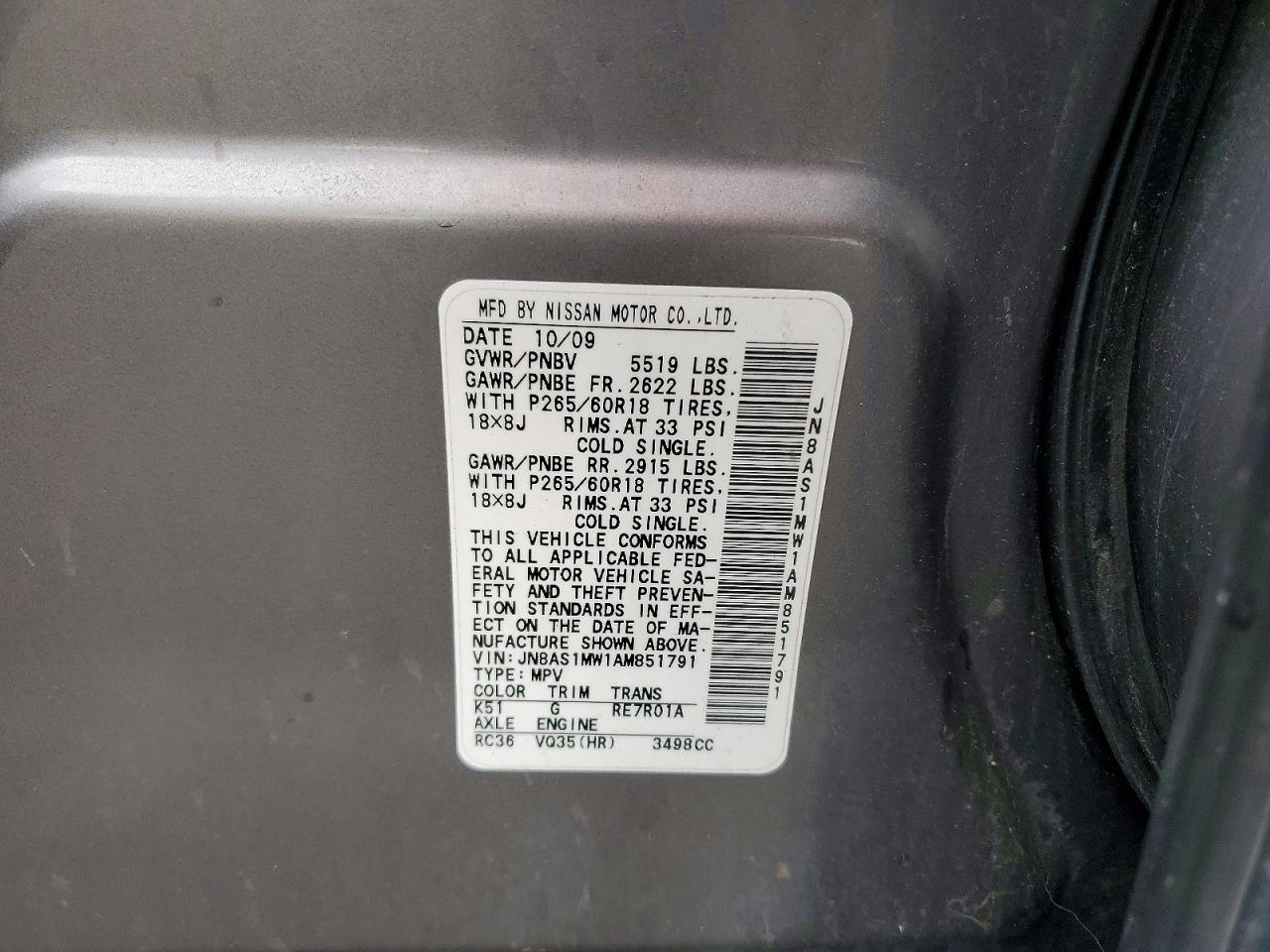 2010 Infiniti Fx35 Base Gray vin: JN8AS1MW1AM851791