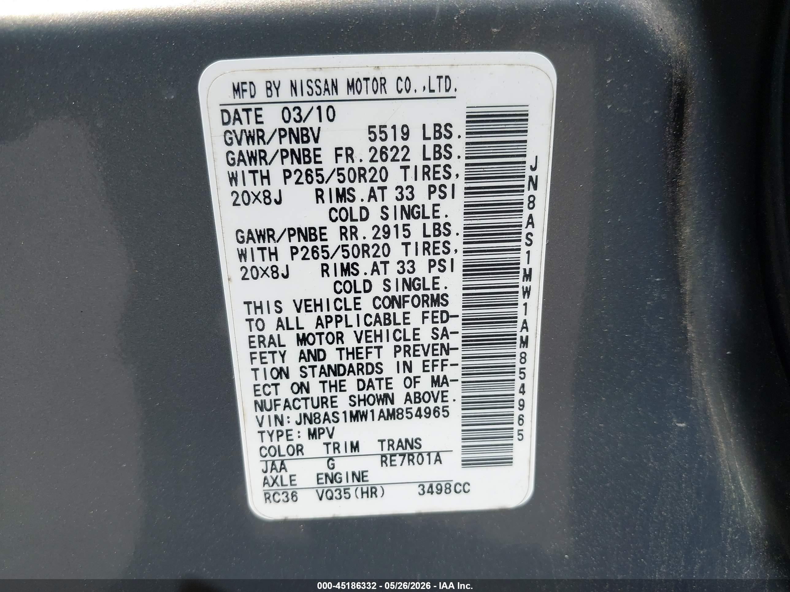 2010 Infiniti Fx35   Gray vin: JN8AS1MW1AM854965