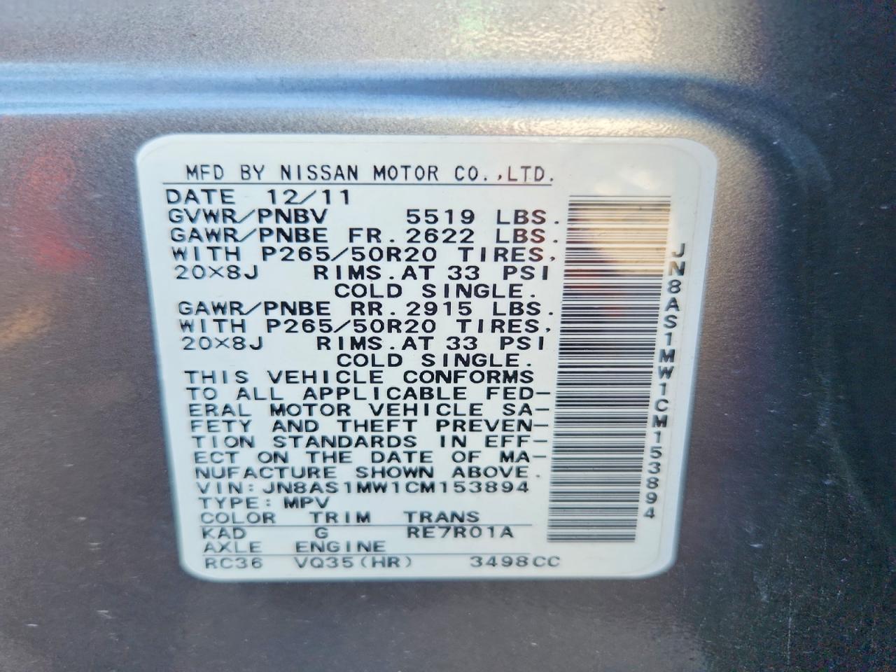 2012 Infiniti Fx35 Base Gray vin: JN8AS1MW1CM153894