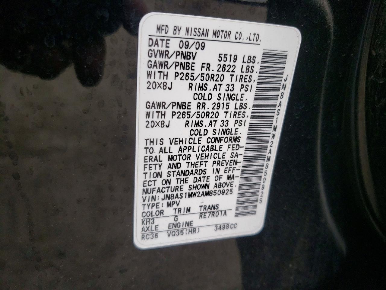 2010 Infiniti Fx35 Base Black vin: JN8AS1MW2AM850925