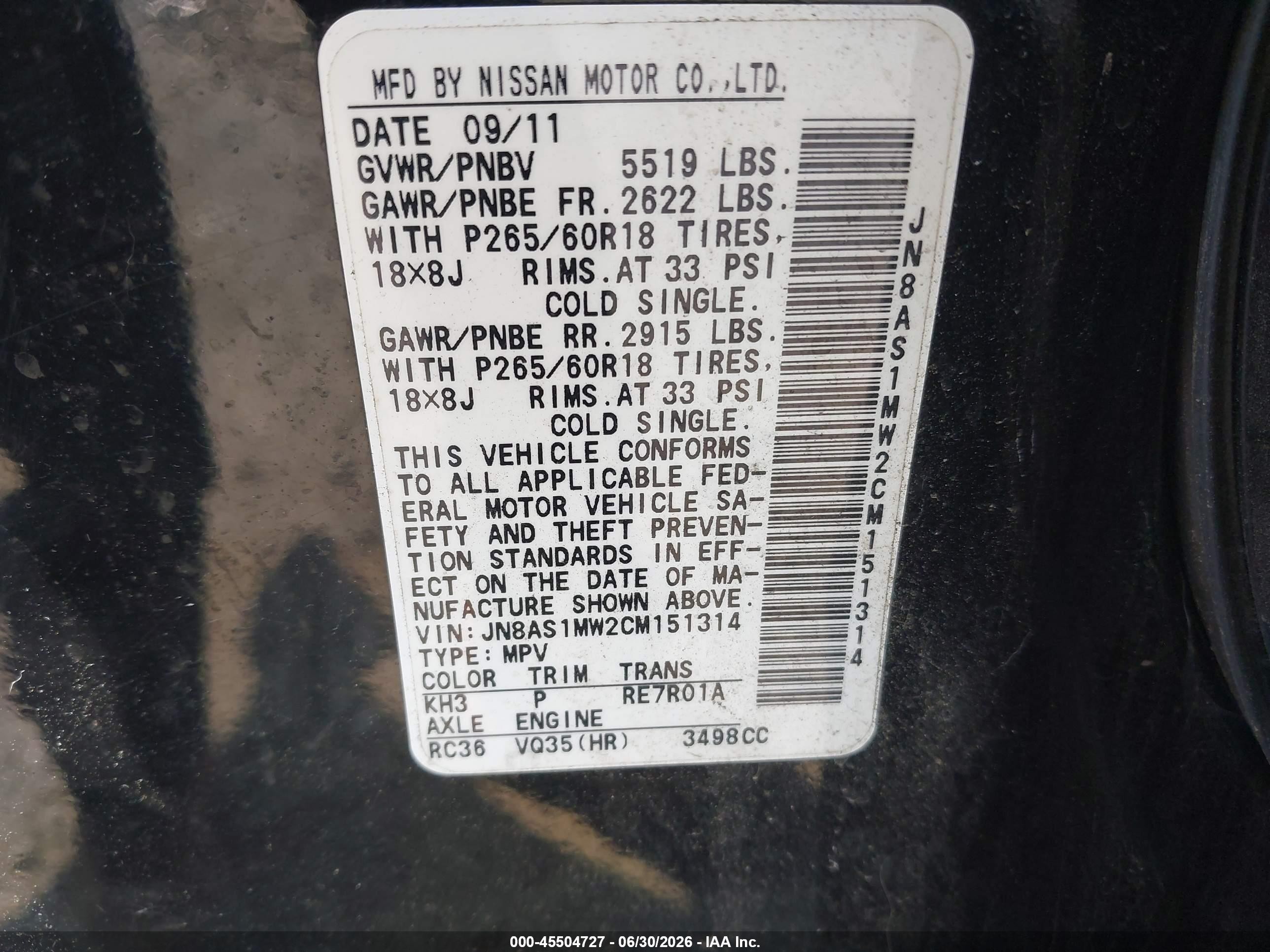 2012 Infiniti Fx35   Black vin: JN8AS1MW2CM151314