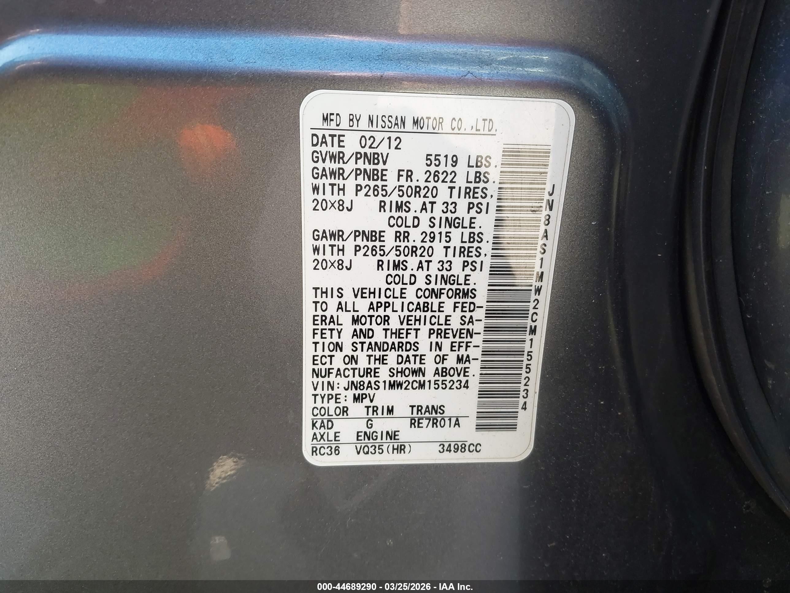 2012 Infiniti Fx35   Blue vin: JN8AS1MW2CM155234