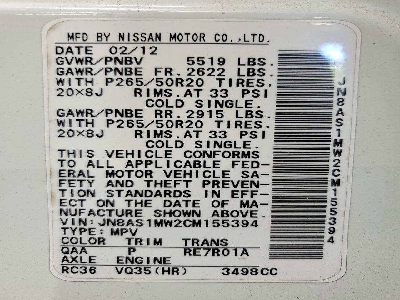 2012 Infiniti Fx35 Base White vin: JN8AS1MW2CM155394