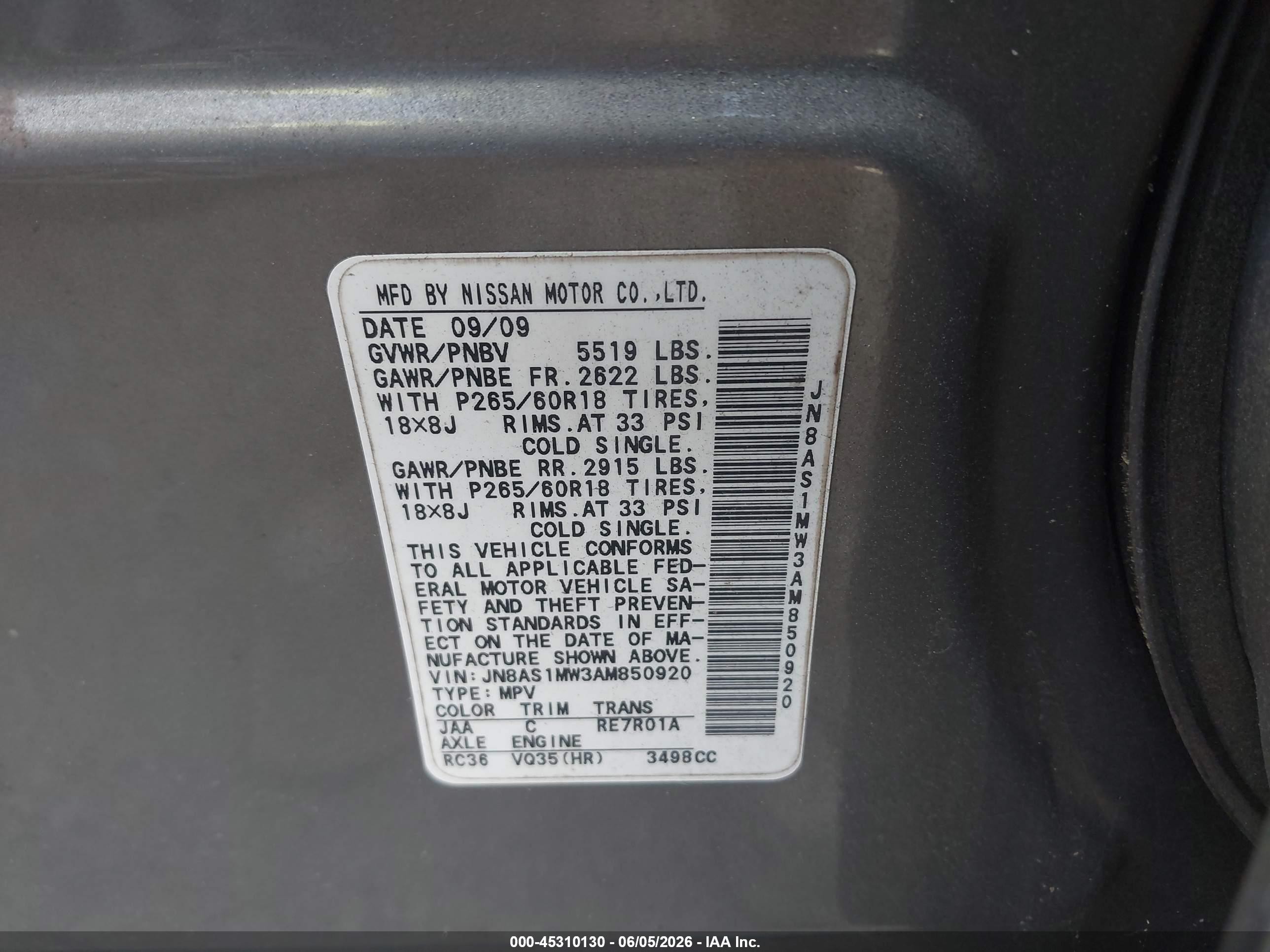 2010 Infiniti Fx35   Gray vin: JN8AS1MW3AM850920
