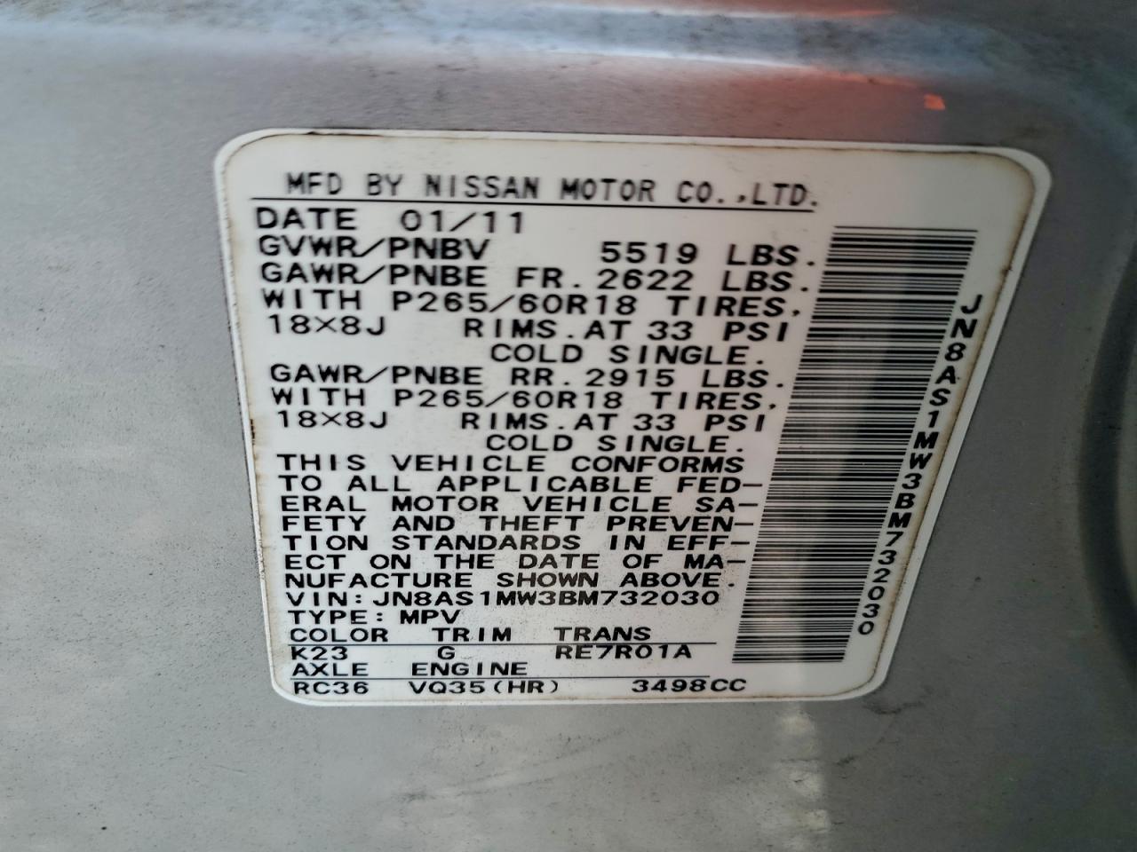 2011 Infiniti Fx35 Silver vin: JN8AS1MW3BM732030