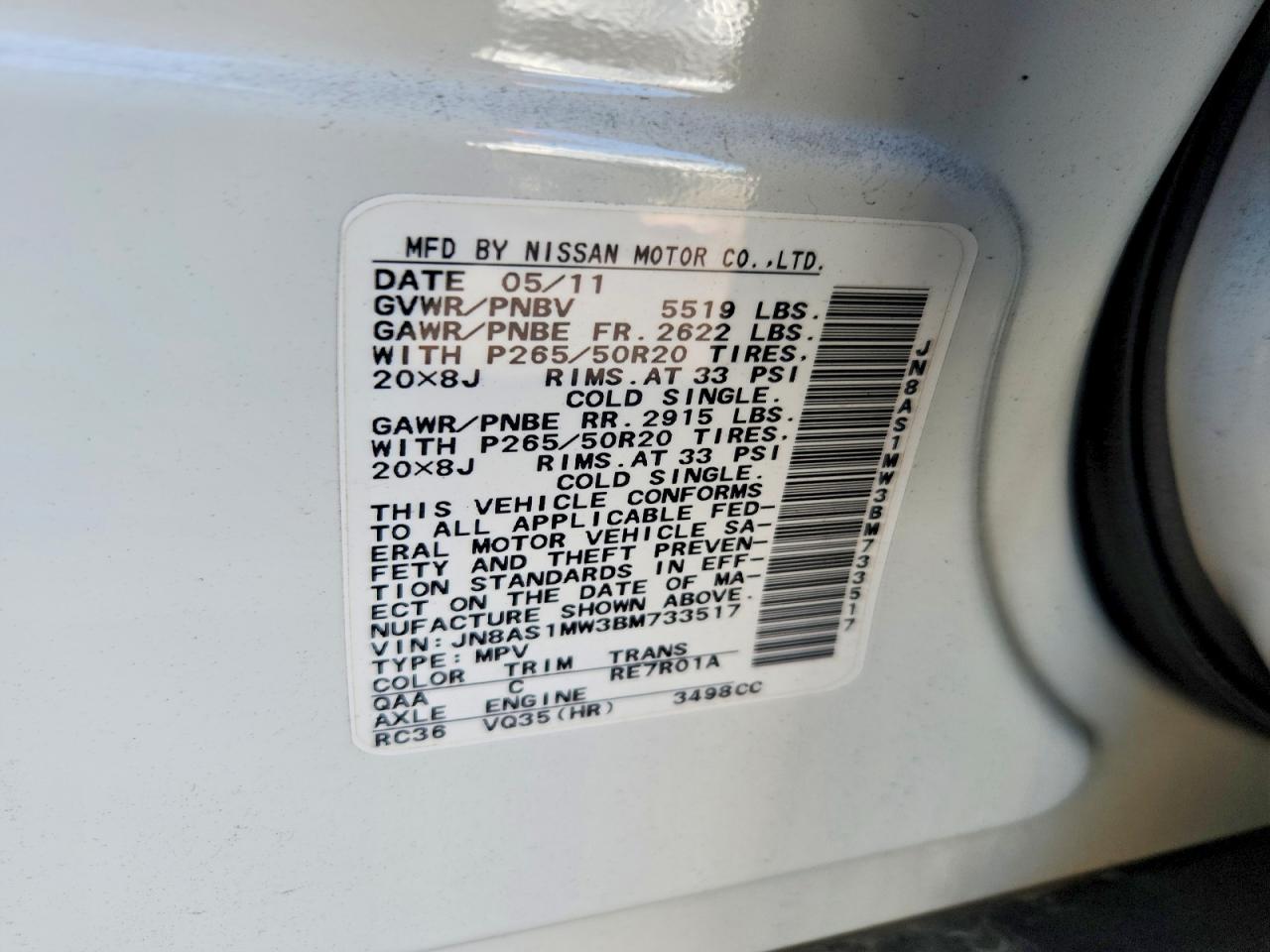 2011 Infiniti Fx35 Base White vin: JN8AS1MW3BM733517