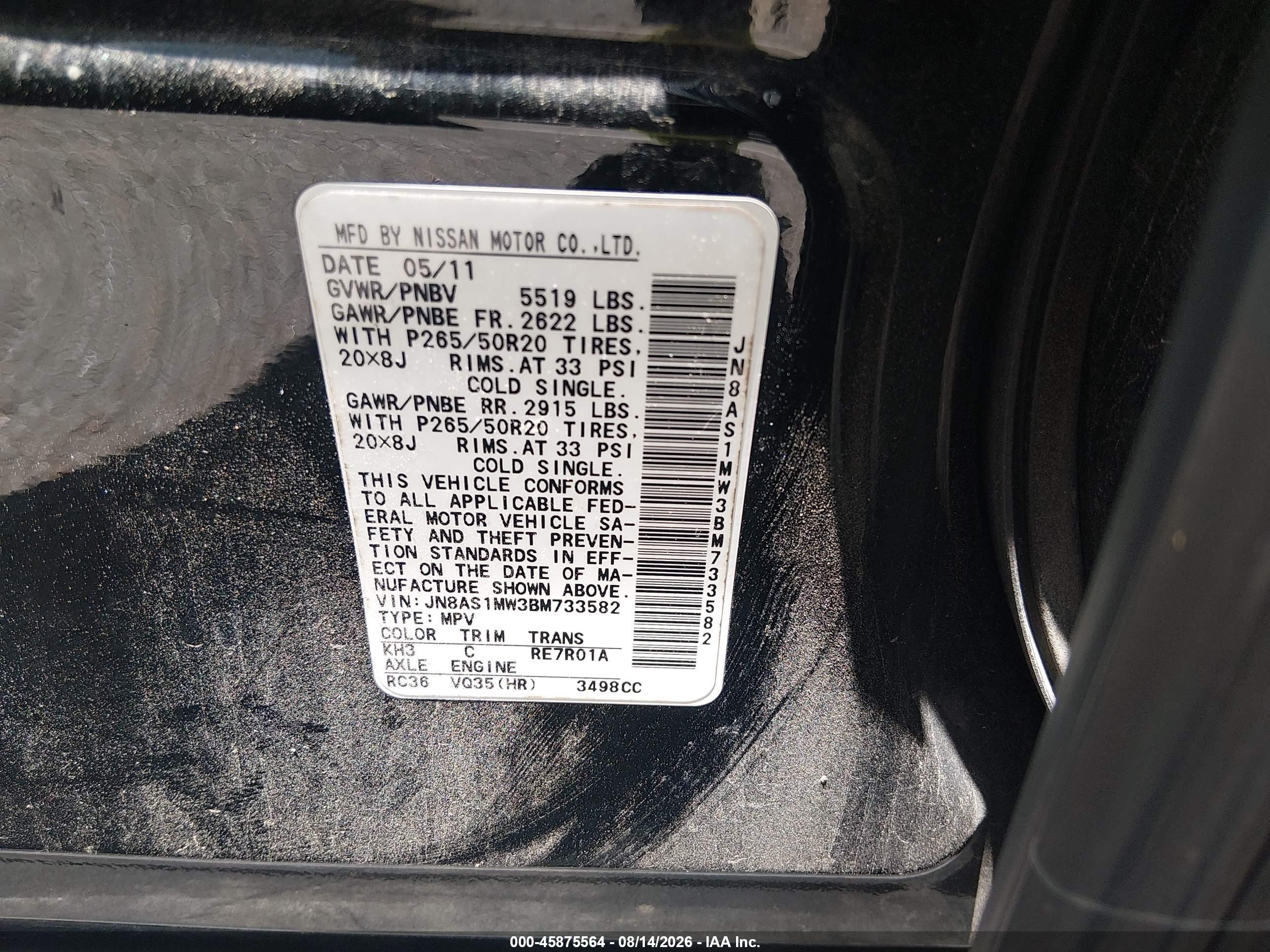2011 Infiniti Fx35 Черный vin: JN8AS1MW3BM733582