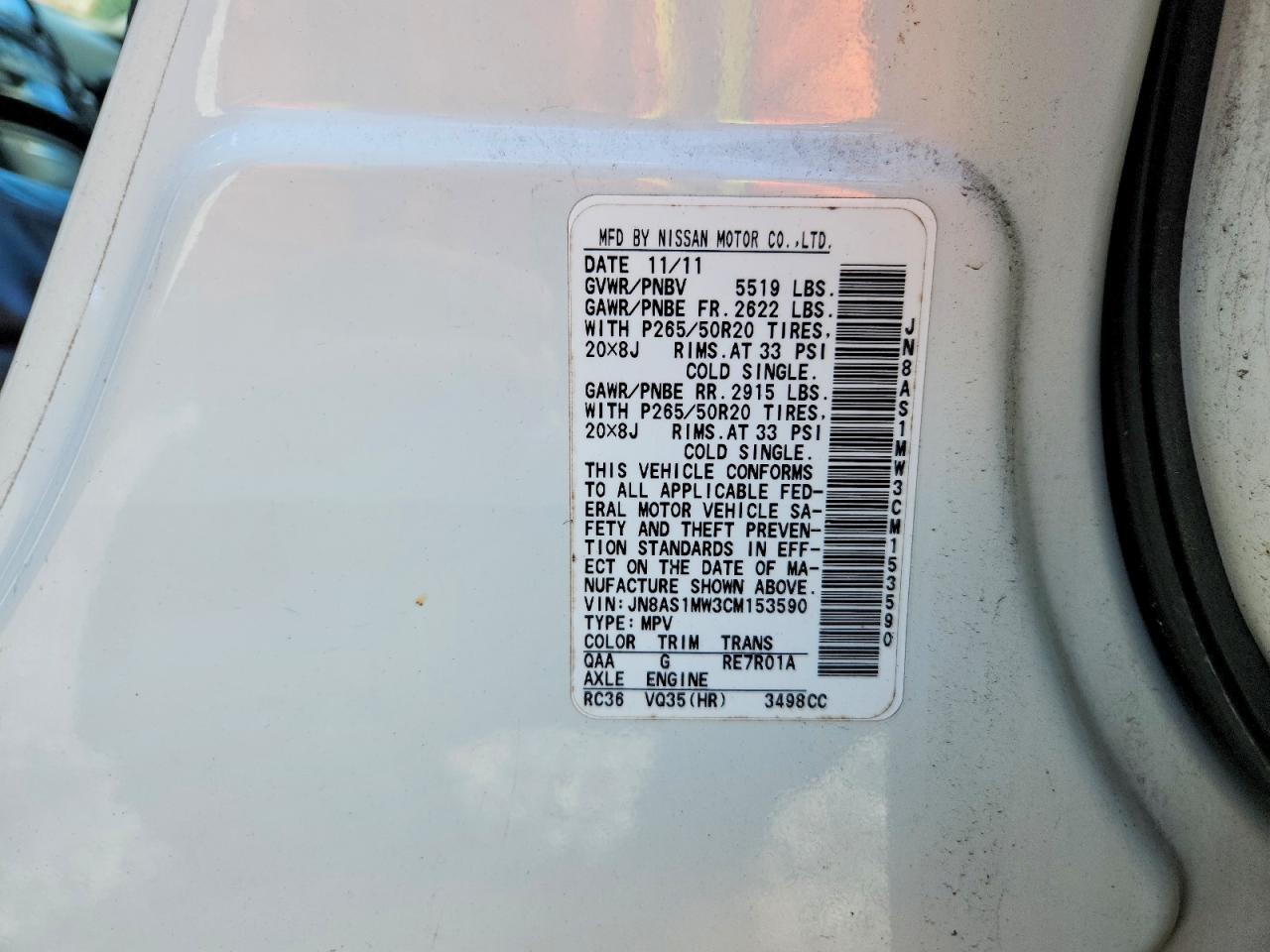 2012 Infiniti Fx35 Base White vin: JN8AS1MW3CM153590