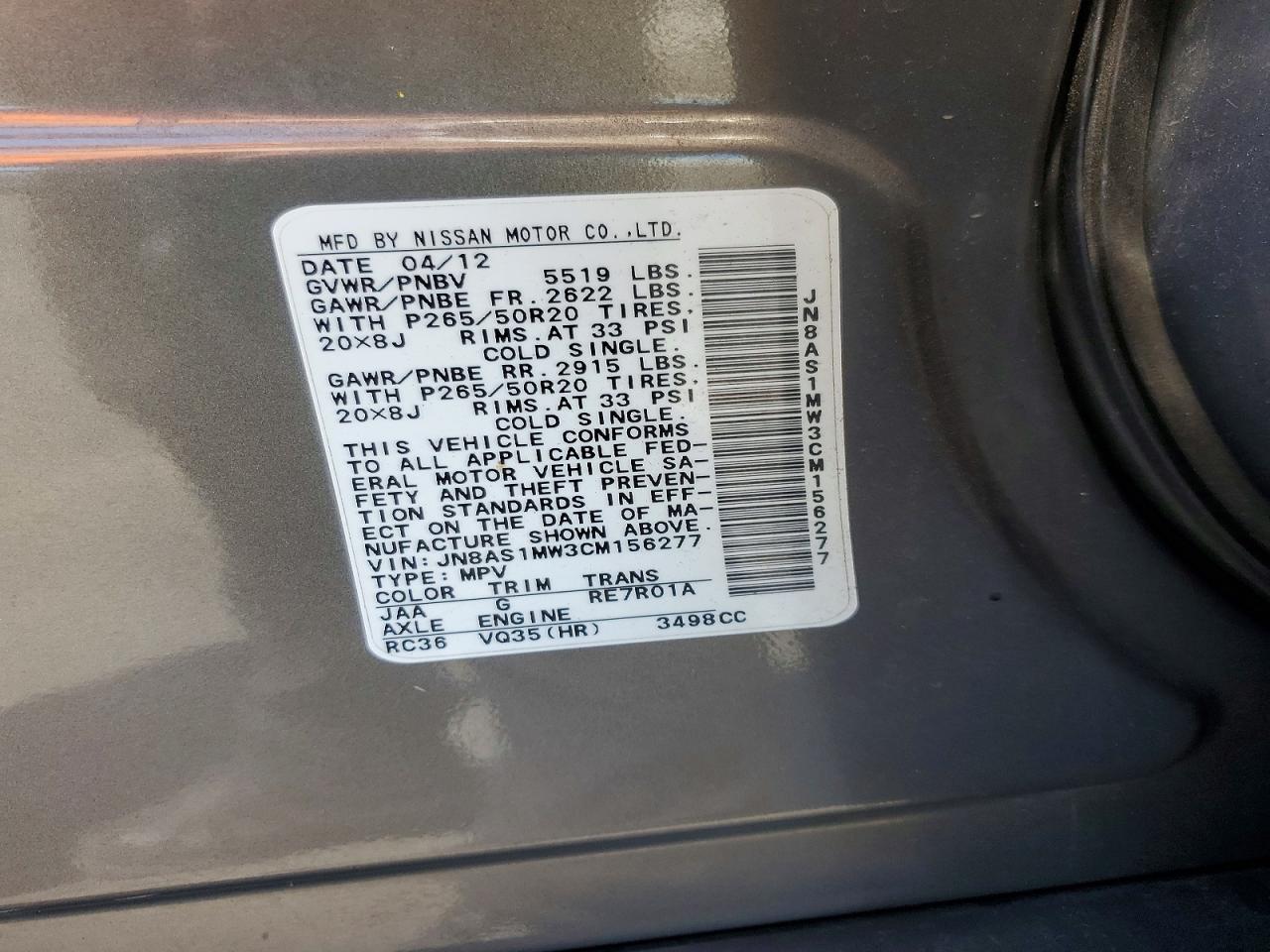 2012 Infiniti Fx35 Base Gray vin: JN8AS1MW3CM156277