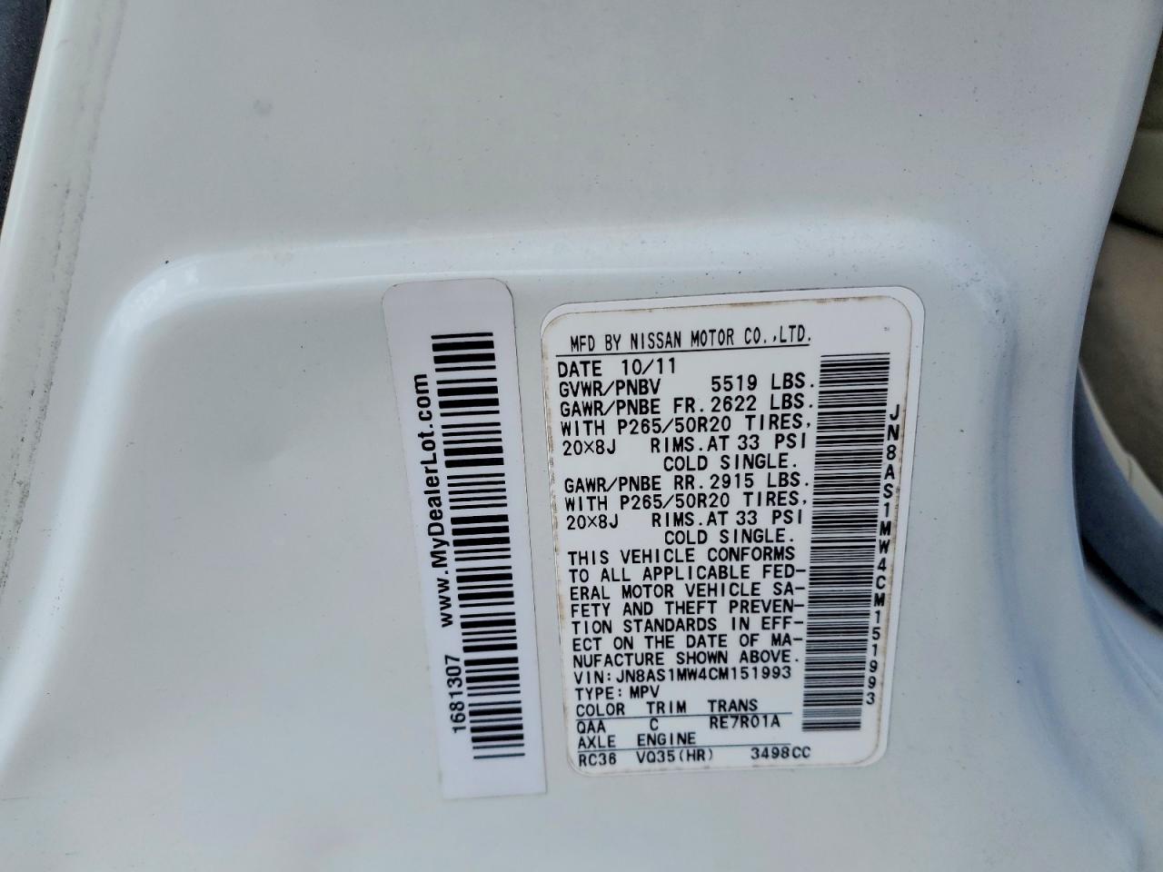 2012 Infiniti Fx35 Base White vin: JN8AS1MW4CM151993