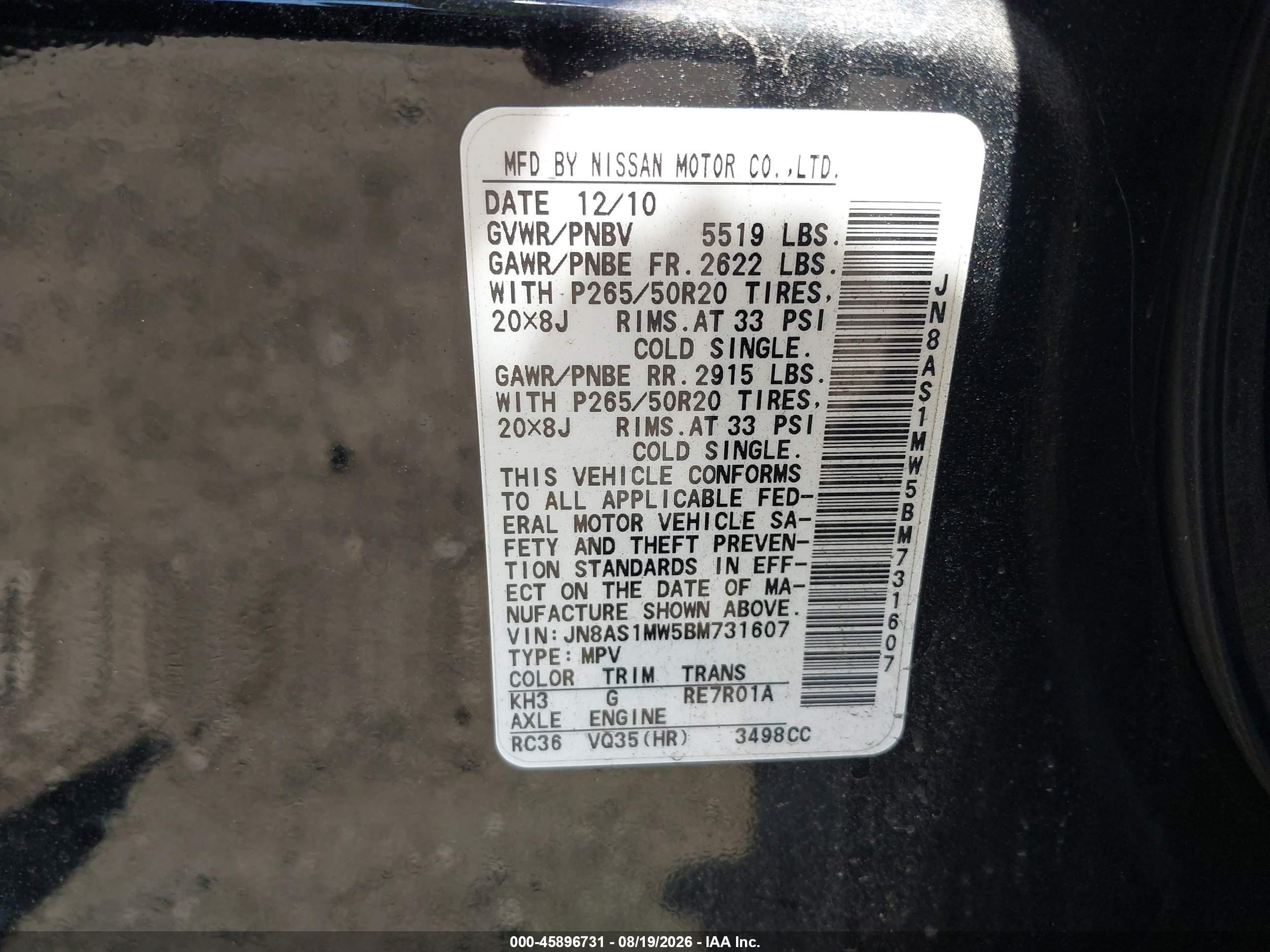 2011 Infiniti Fx35   Black vin: JN8AS1MW5BM731607
