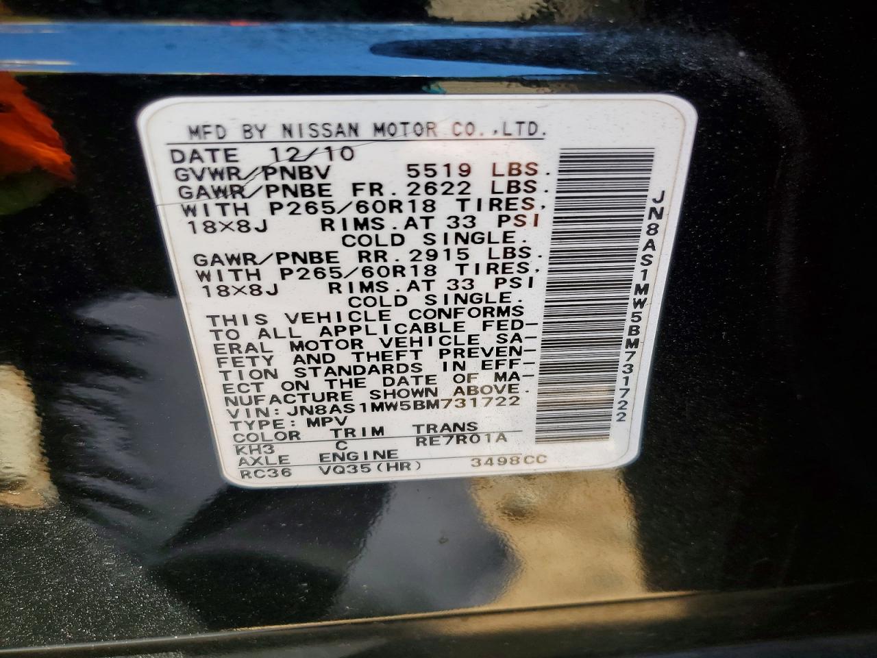 2011 Infiniti Fx35 Base Black vin: JN8AS1MW5BM731722